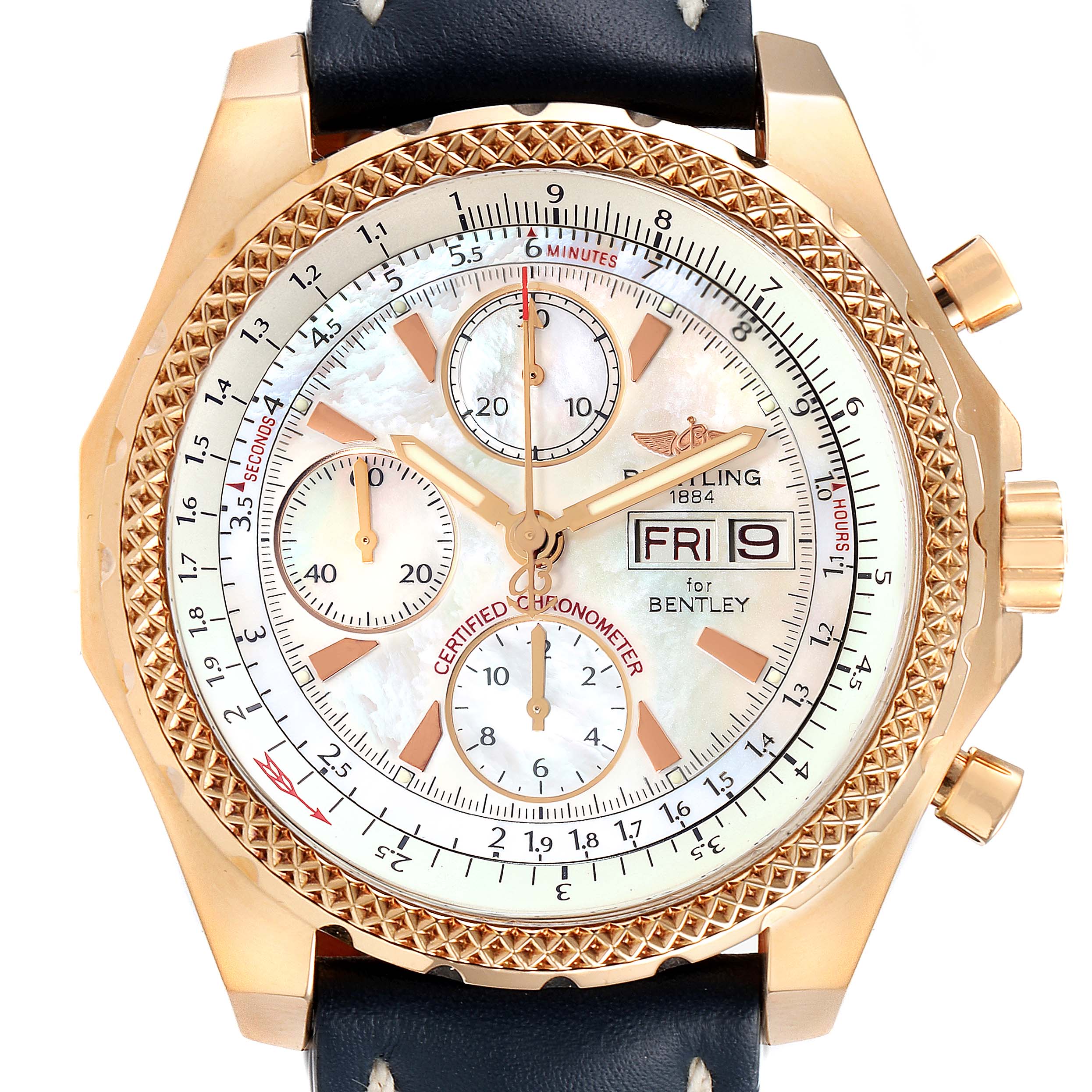 This image shows the front view of the Breitling Bentley H13363 Men's Rose Gold Mother of Pearl Dial H13363 Men's Rose Gold Mother of Pearl Dial watch, highlighting its dial, subdials, date, and day display.