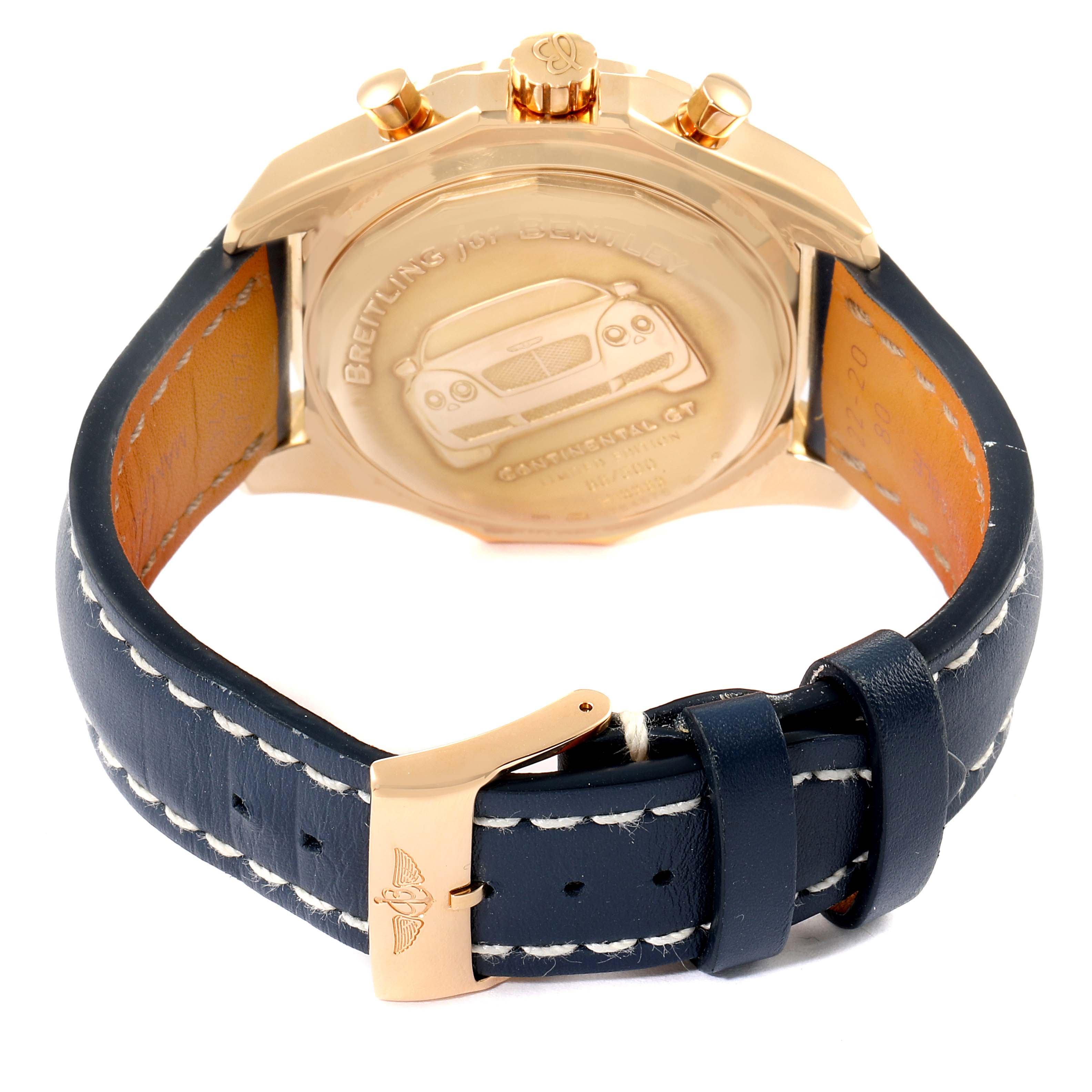 The image shows the back of a Breitling Bentley H13363 Men's Rose Gold Mother of Pearl Dial H13363 Men's Rose Gold Mother of Pearl Dial watch, highlighting its case back, leather strap, and buckle.