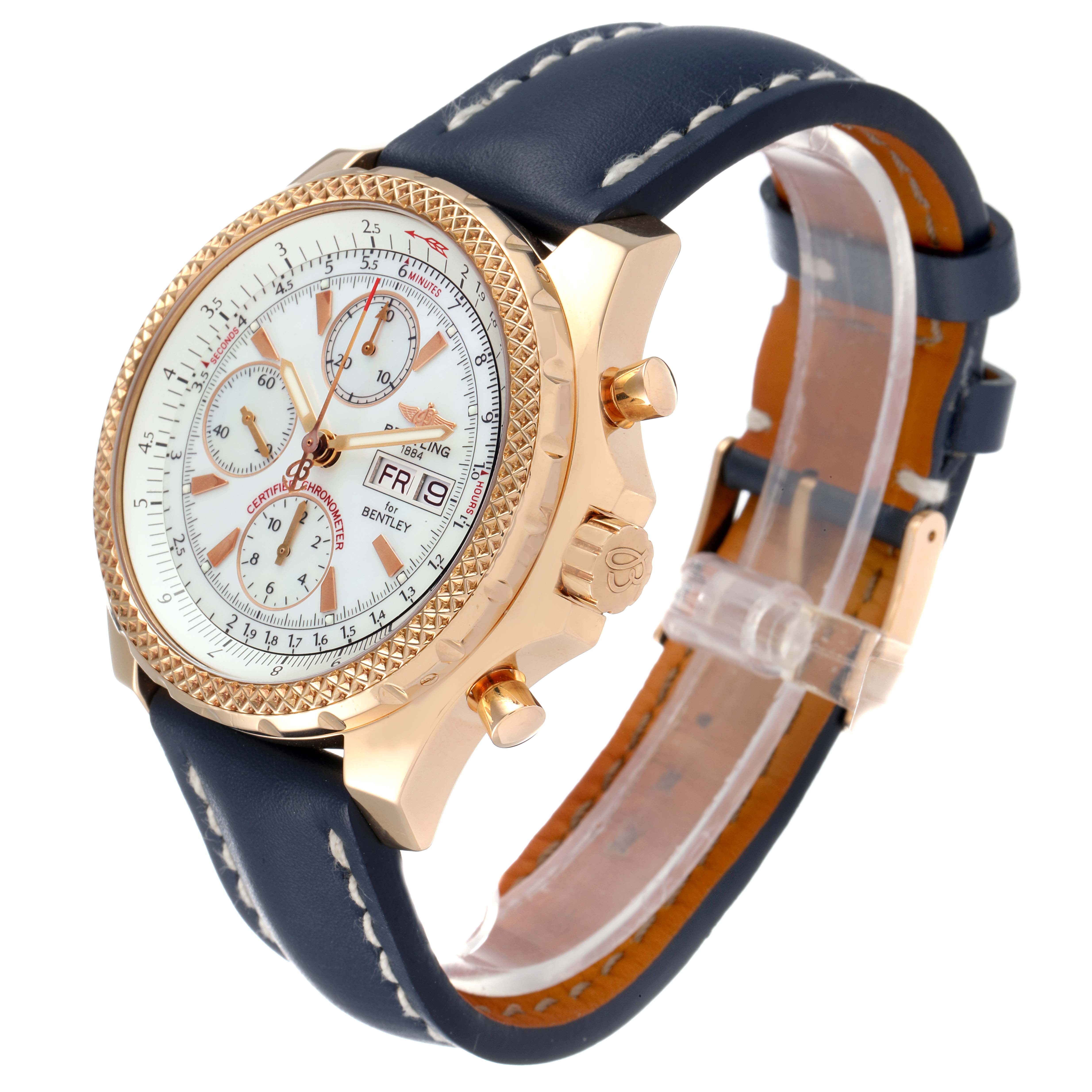 The Breitling Bentley H13363 Men's Rose Gold Mother of Pearl Dial H13363 Men's Rose Gold Mother of Pearl Dial watch is shown at an angle, displaying its face, crown, pushers, and blue strap.