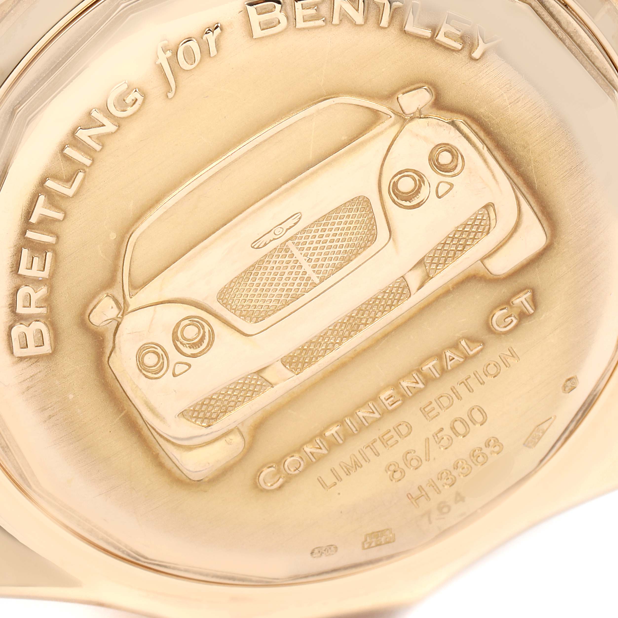 The image shows the engraved case back of a Breitling Bentley H13363 Men's Rose Gold Mother of Pearl Dial H13363 Men's Rose Gold Mother of Pearl Dial Continental GT Limited Edition watch.