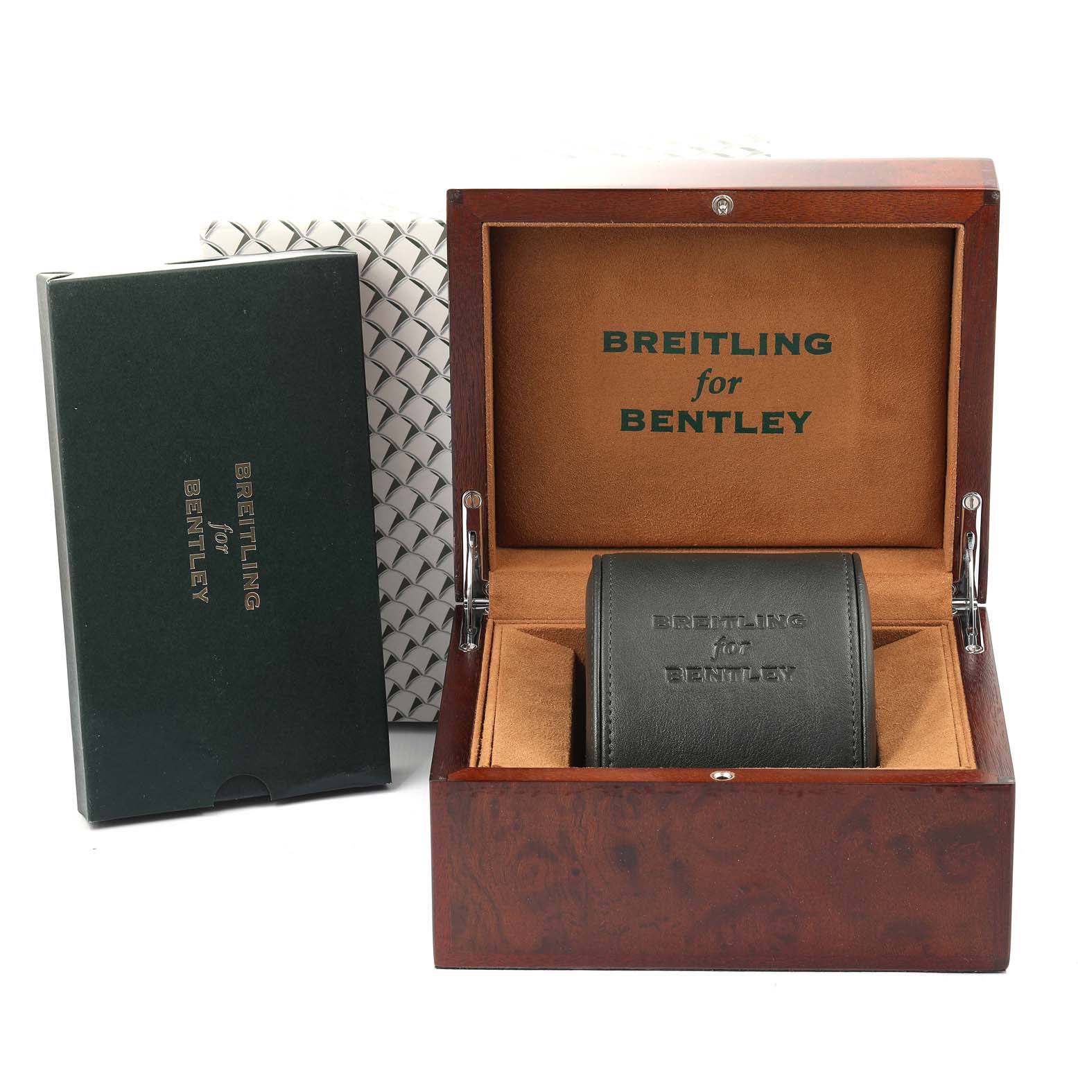 The image shows an open wooden Breitling for Bentley watch box and a sleeve, displaying the interior.