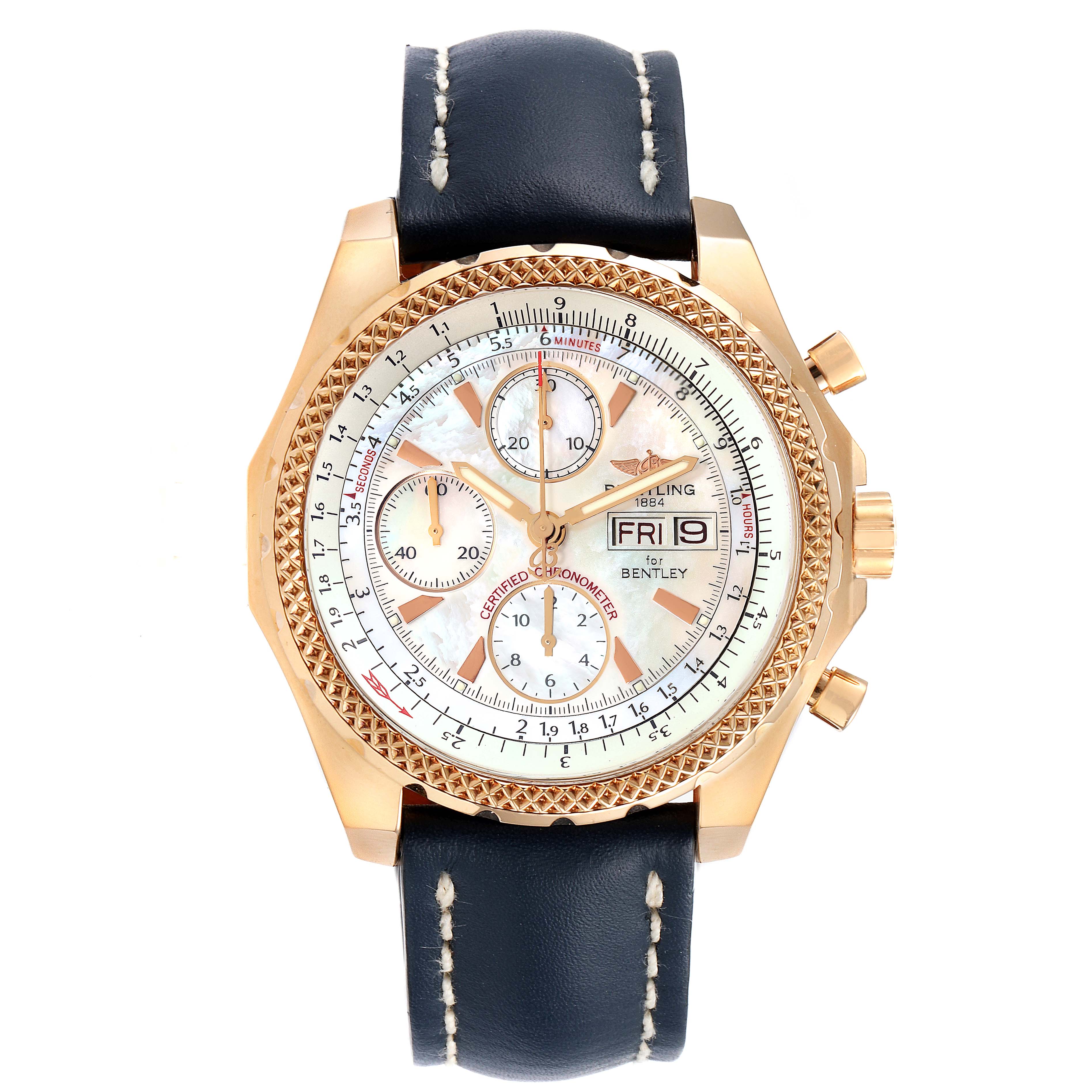 The image shows a front view of the Breitling Bentley H13363 Men's Rose Gold Mother of Pearl Dial H13363 Men's Rose Gold Mother of Pearl Dial watch, highlighting its gold case, black strap, and detailed dial with subdials.