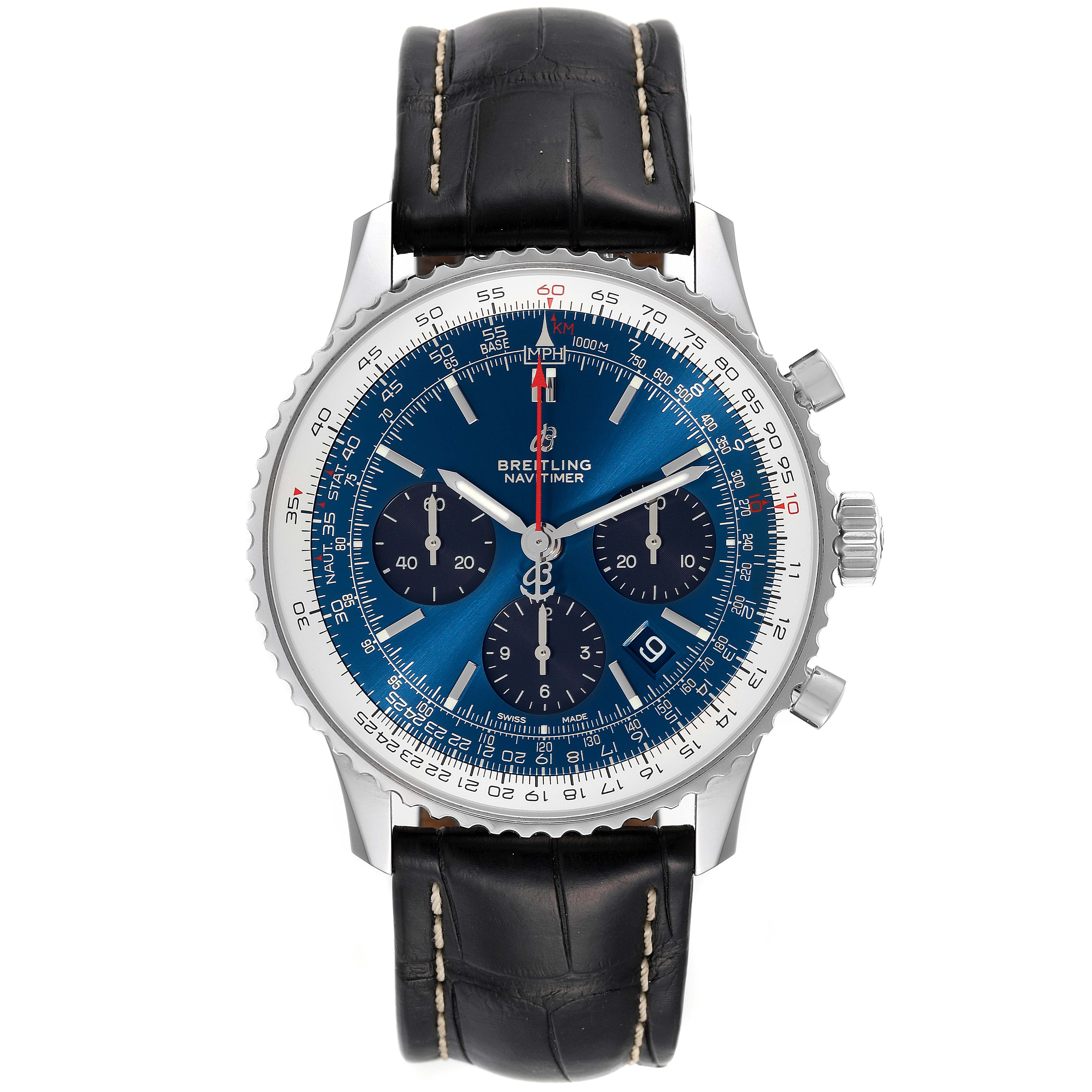The image shows a front view of a Breitling Navitimer AB0121C4-C920-731P Men's Stainless Steel Blue Dial AB0121C4-C920-731P Men's Stainless Steel Blue Dial watch with a blue dial and black leather strap.