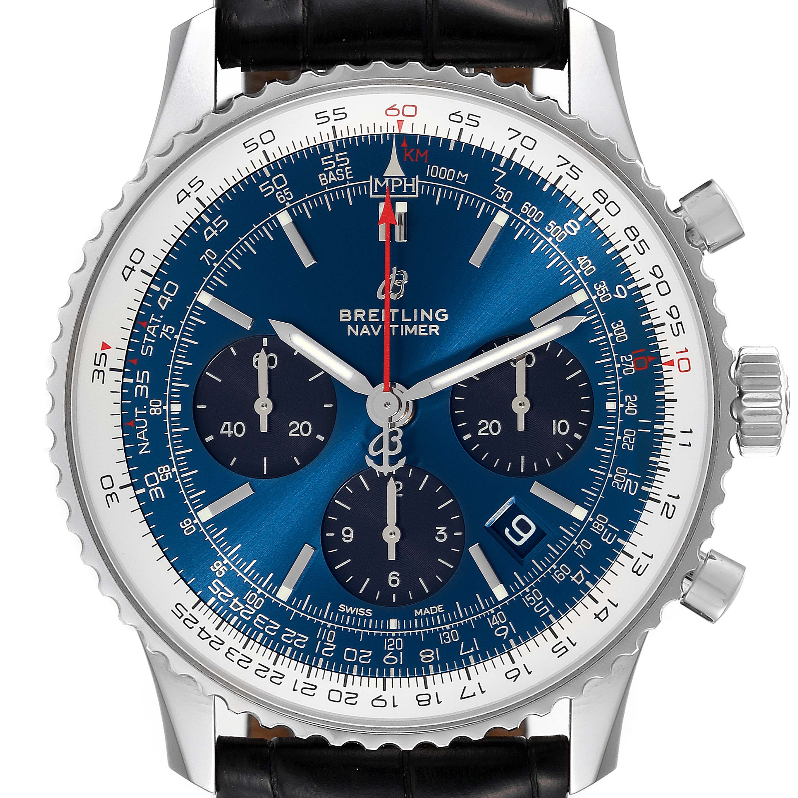 This image shows a front view of a Breitling Navitimer AB0121C4-C920-731P Men's Stainless Steel Blue Dial AB0121C4-C920-731P Men's Stainless Steel Blue Dial watch, highlighting the dial, chronograph sub-dials, bezel, and crown.