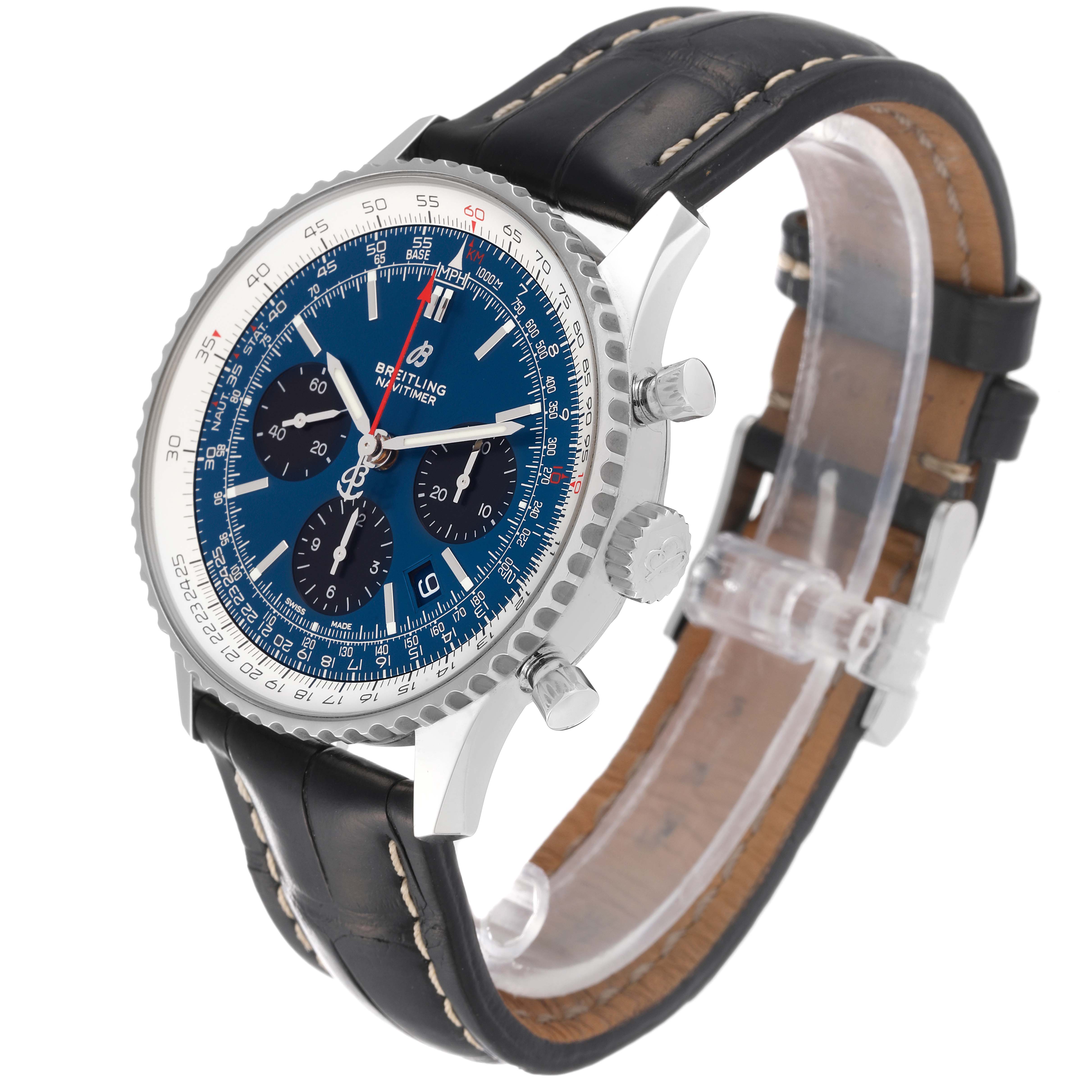 The Breitling Navitimer AB0121C4-C920-731P Men's Stainless Steel Blue Dial AB0121C4-C920-731P Men's Stainless Steel Blue Dial watch is shown at an angled view, highlighting its blue dial, chronograph subdials, bezel, and leather strap.