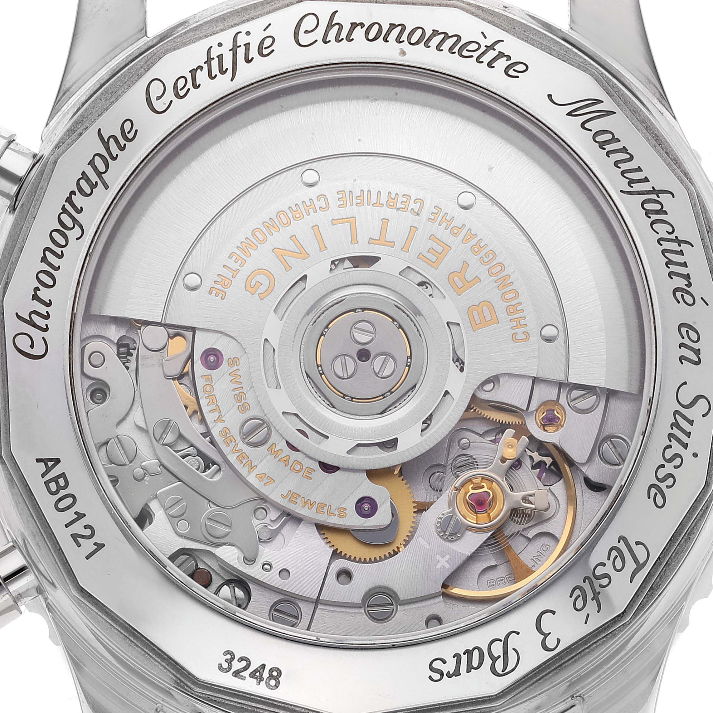 This is the back view of the Breitling Navitimer AB0121C4-C920-731P Men's Stainless Steel Blue Dial AB0121C4-C920-731P Men's Stainless Steel Blue Dial watch, showing its intricate internal mechanical movement.