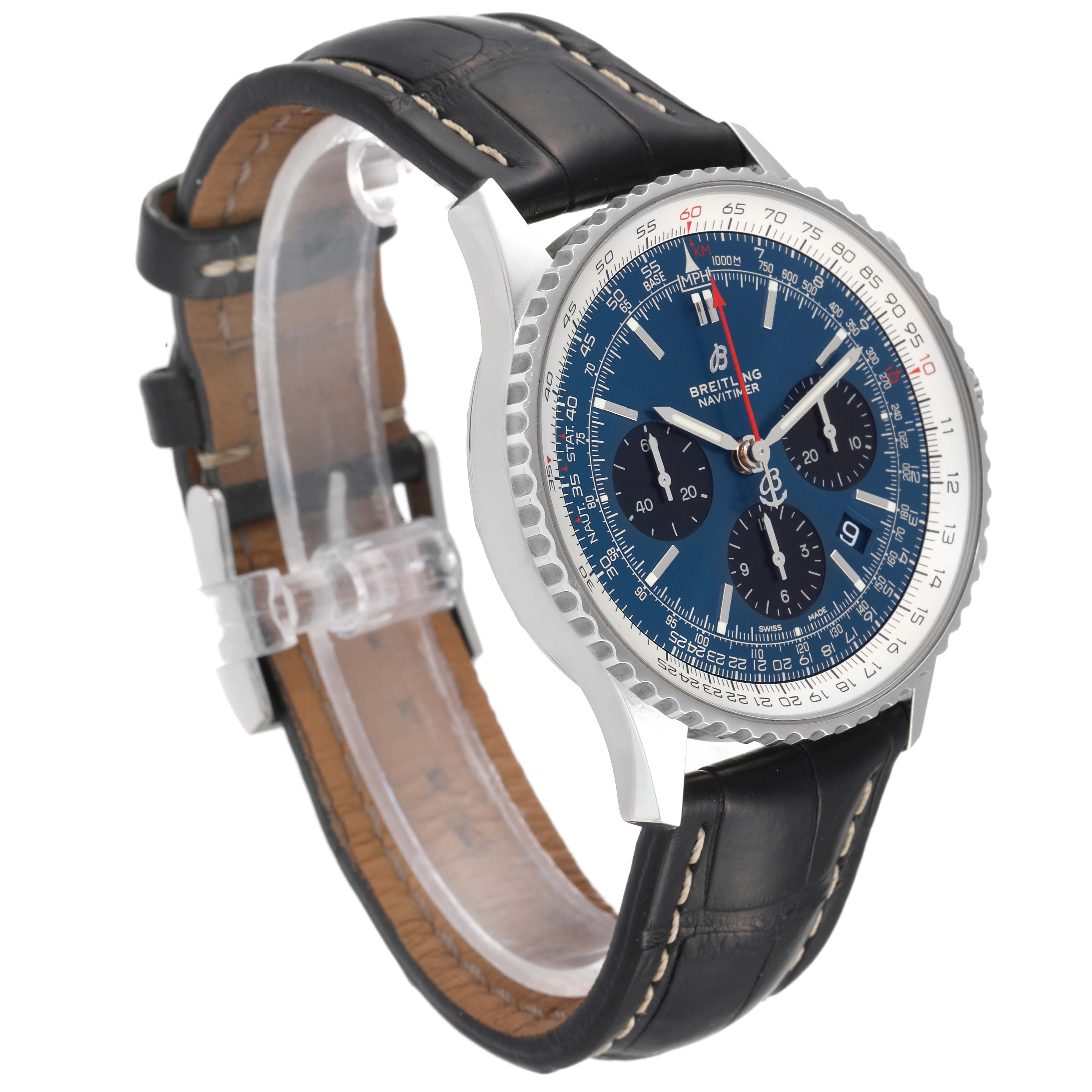 The image shows a Breitling Navitimer AB0121C4-C920-731P Men's Stainless Steel Blue Dial AB0121C4-C920-731P Men's Stainless Steel Blue Dial watch at an angled side view, highlighting its black leather strap and blue dial with chronograph features.