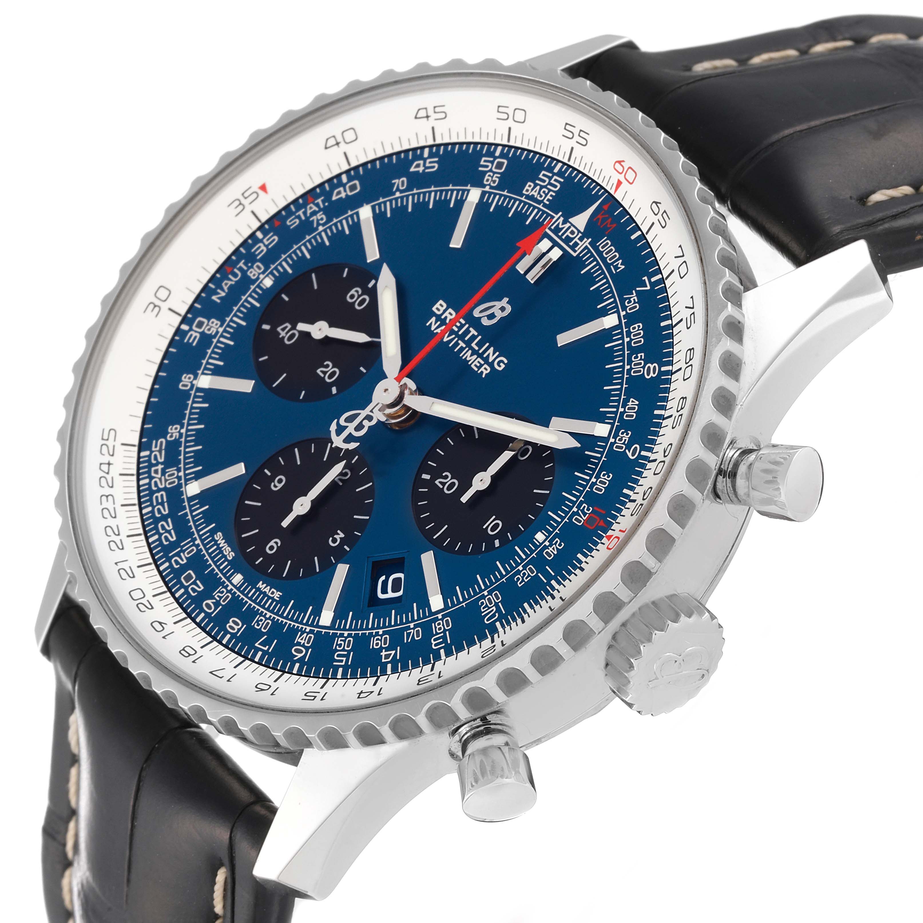 The Breitling Navitimer AB0121C4-C920-731P Men's Stainless Steel Blue Dial AB0121C4-C920-731P Men's Stainless Steel Blue Dial watch is shown at a slight angle, featuring its crown, pushers, and blue dial with black subdials.