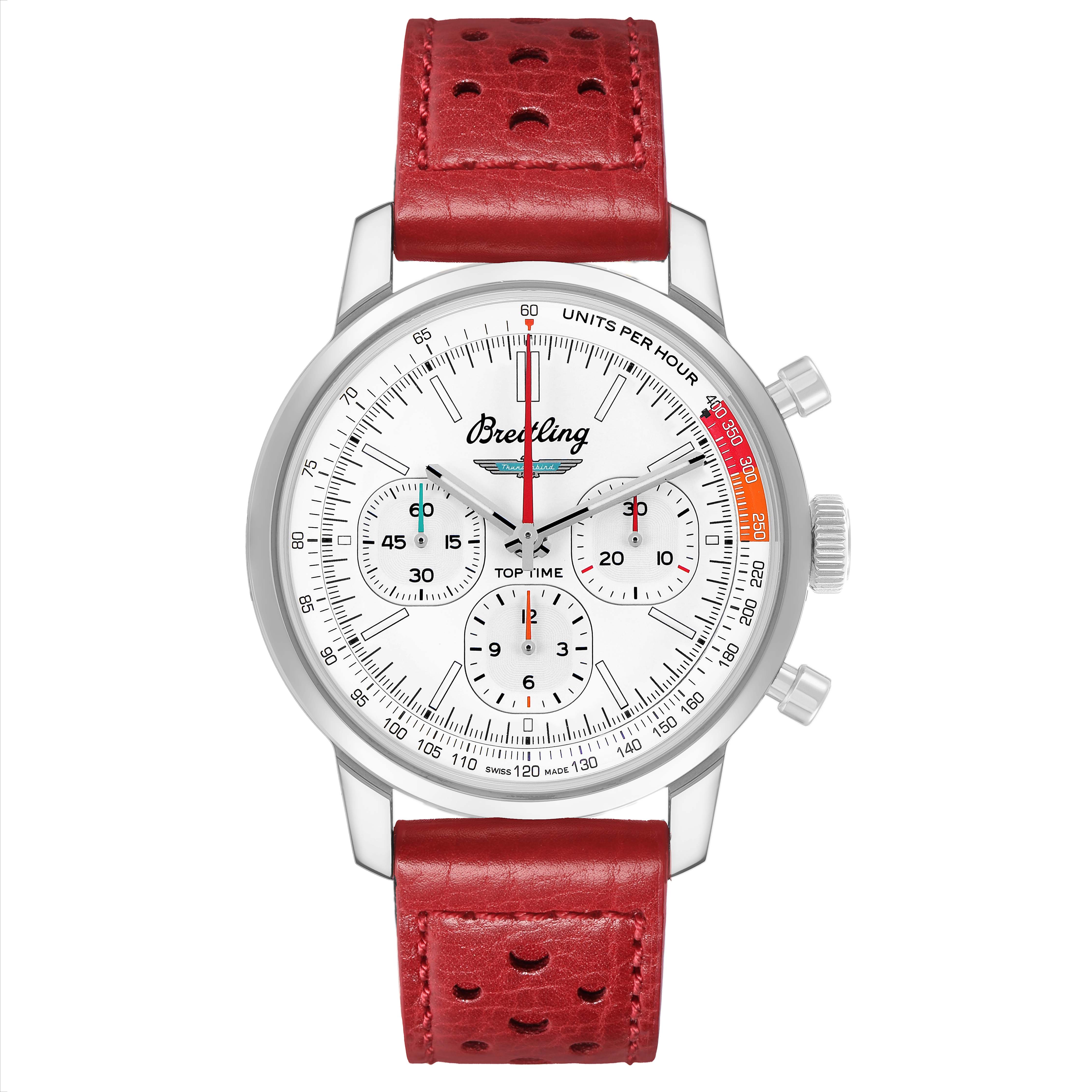 The Breitling Premier AB01766A1A1X1 Men's Stainless Steel White Dial model is shown from the front, displaying its dial, subdials, and red leather strap.