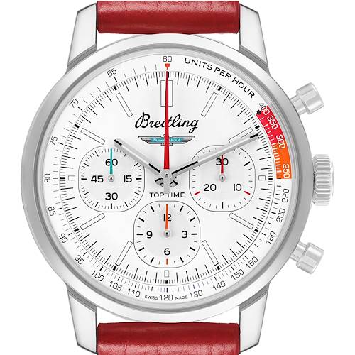 The Breitling Premier AB01766A1A1X1 Men's Stainless Steel White Dial watch is shown from a front angle, displaying its dial, subdials, and red leather strap.