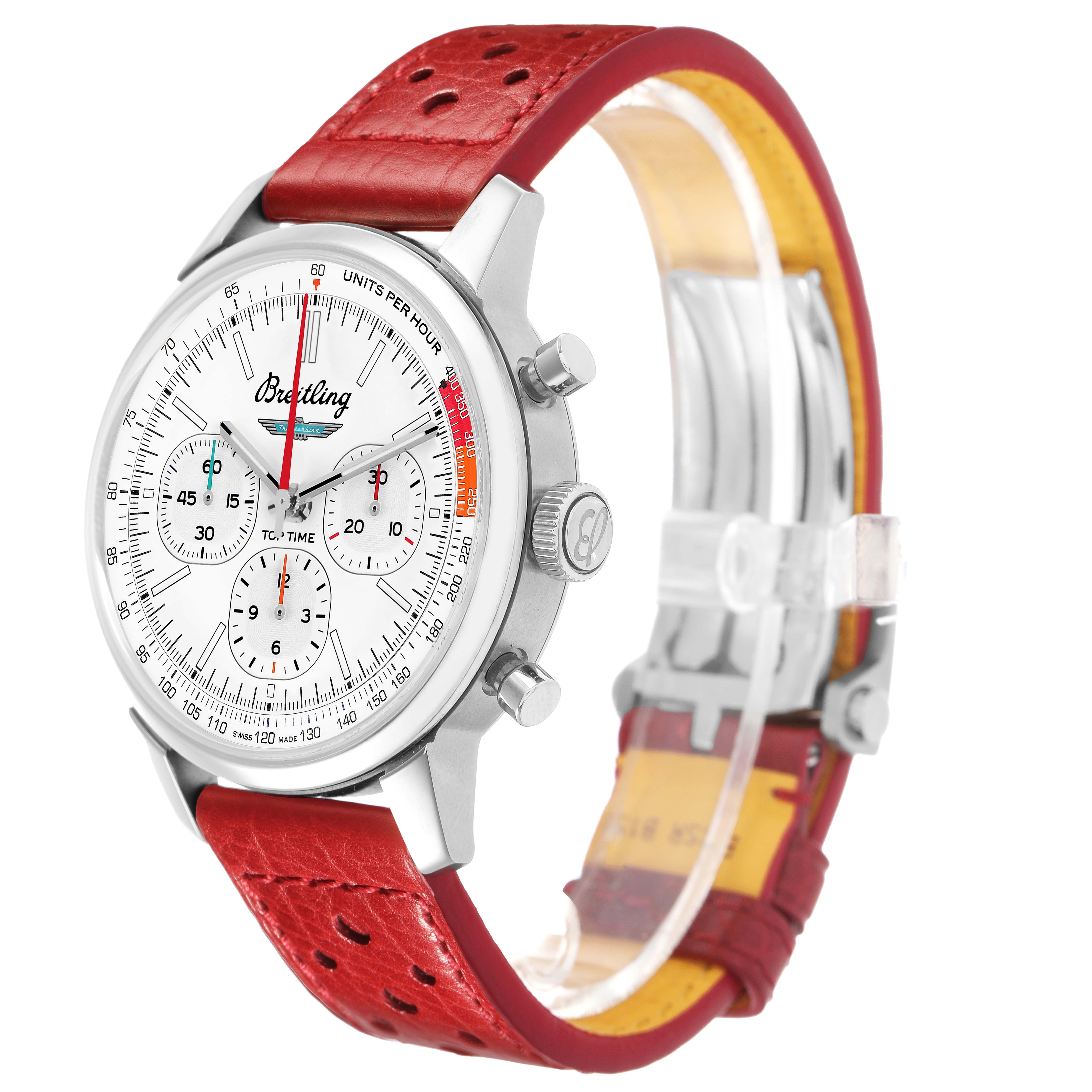 The Breitling Premier AB01766A1A1X1 Men's Stainless Steel White Dial watch is shown at a side angle, highlighting the case, crown, pushers, and red leather strap.