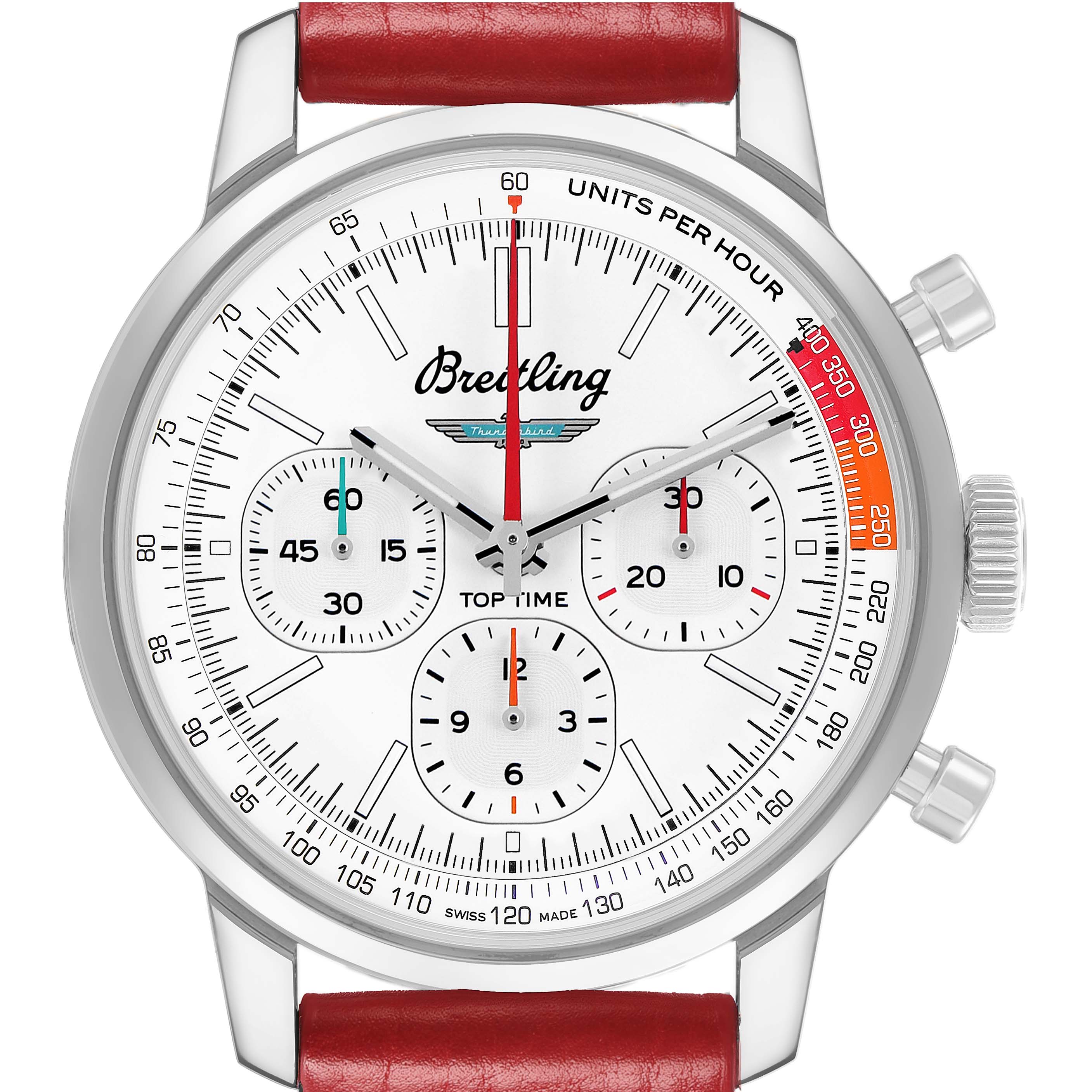 The Breitling Premier AB01766A1A1X1 Men's Stainless Steel White Dial watch is shown from a front view, highlighting its dial, subdials, and red leather strap.