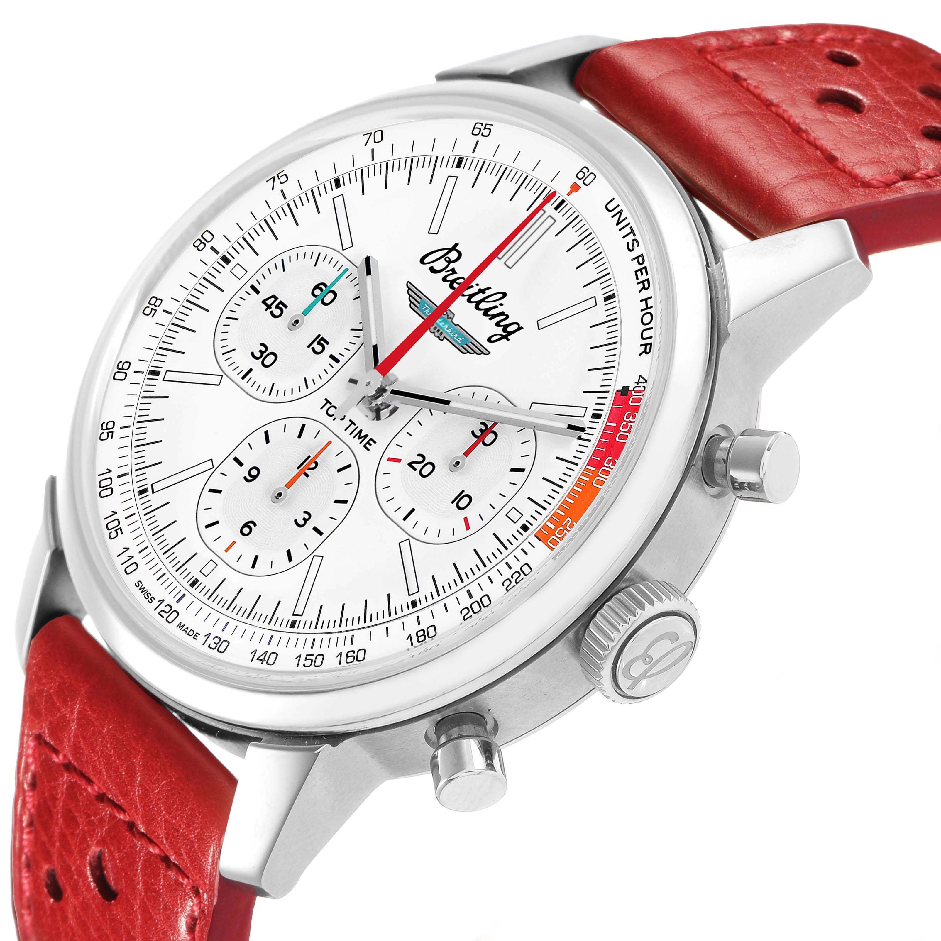 The Breitling Premier AB01766A1A1X1 Men's Stainless Steel White Dial watch is shown at an angled side view, highlighting the red strap, dial, and pushers.