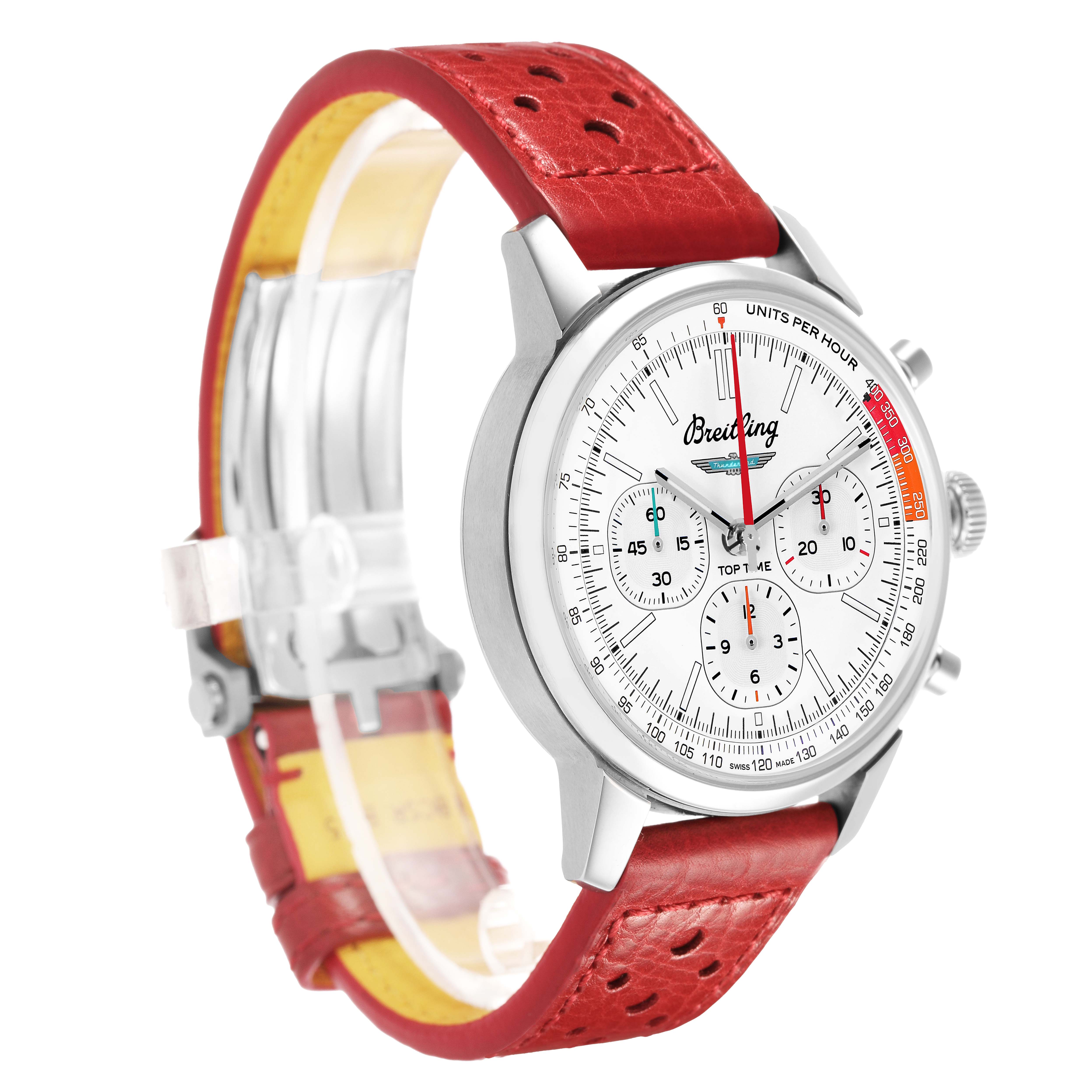The Breitling Premier AB01766A1A1X1 Men's Stainless Steel White Dial model is shown at a three-quarter angle, displaying the face, side buttons, and a red leather strap.