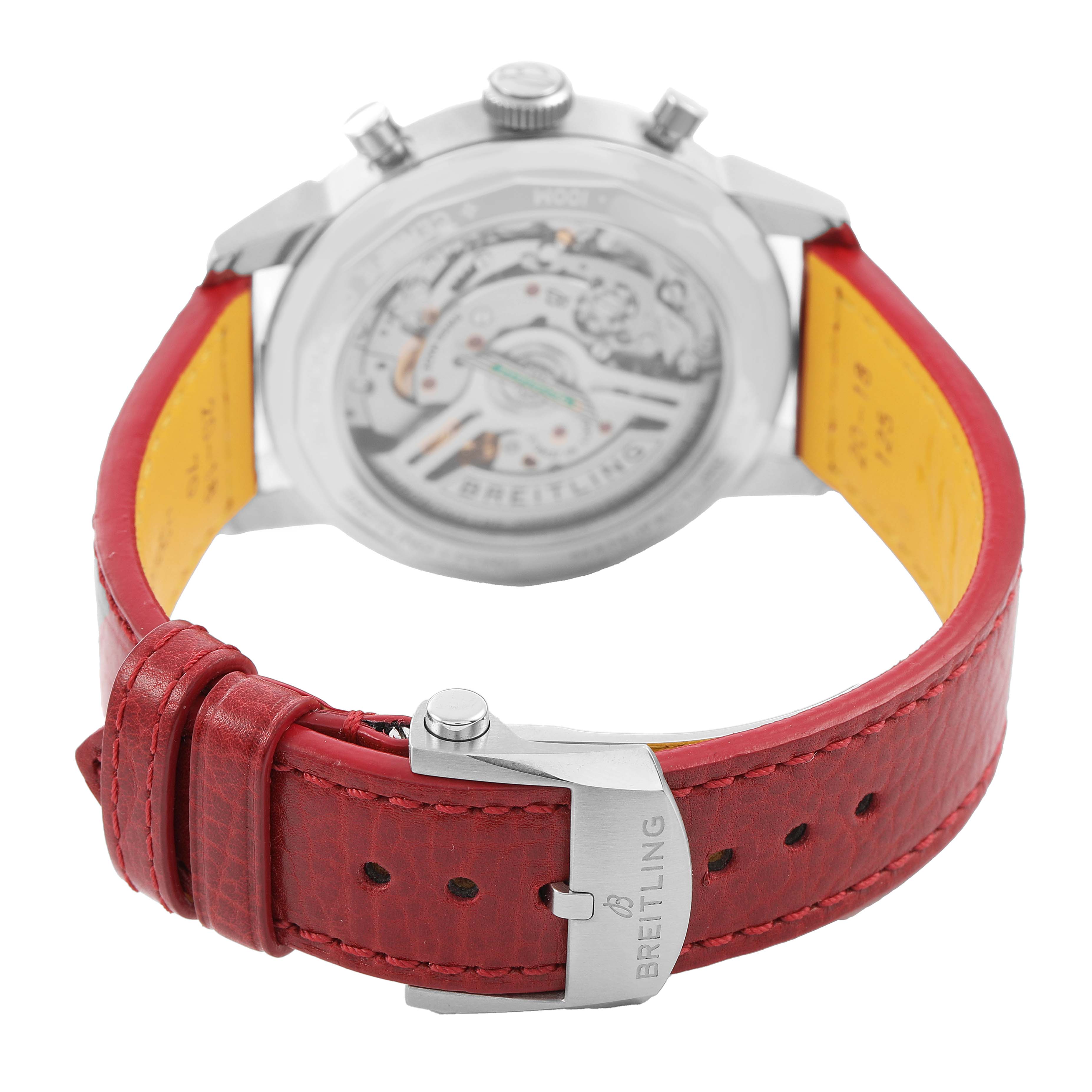The image shows the Breitling Premier AB01766A1A1X1 Men's Stainless Steel White Dial watch from the back, highlighting the movement and red leather strap.