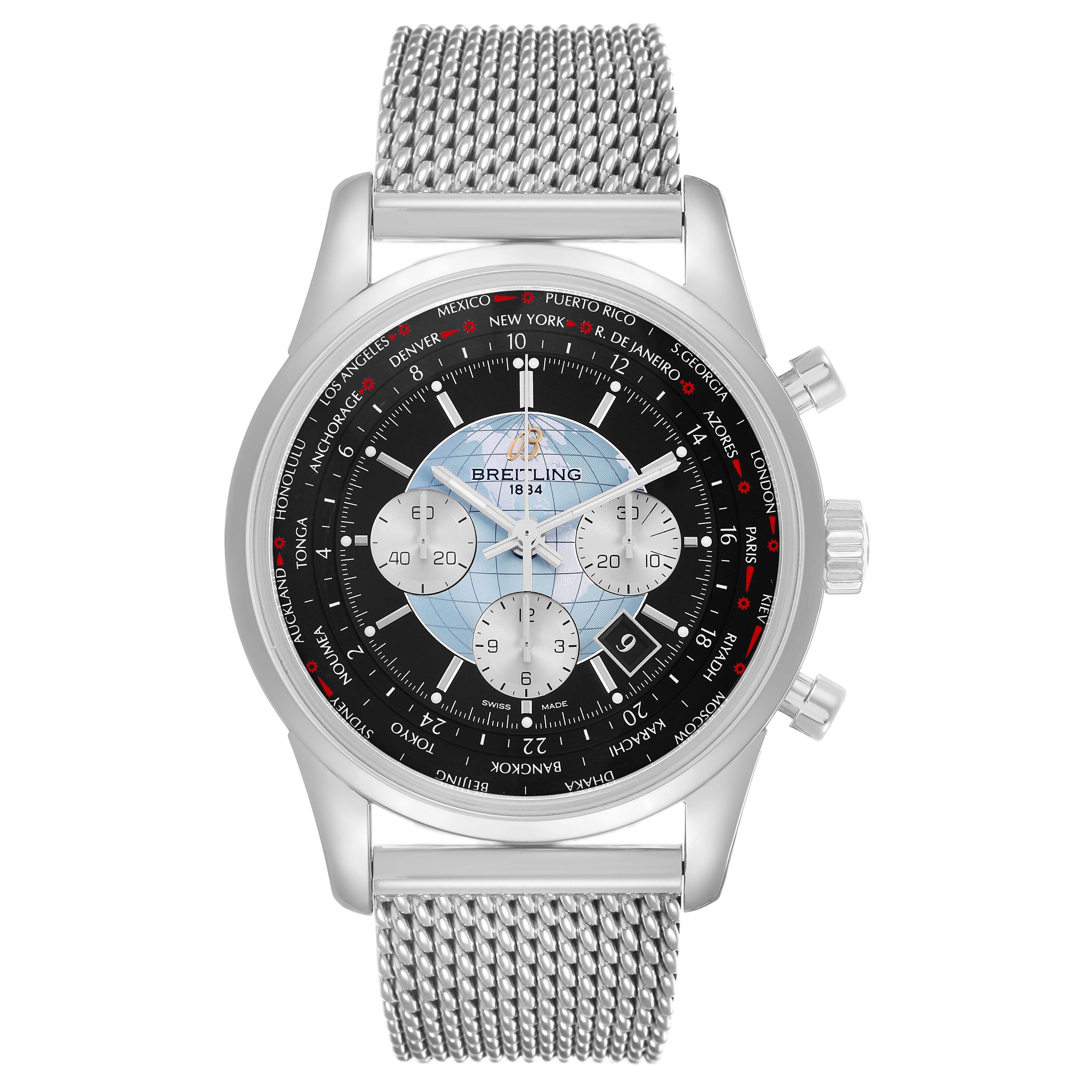 The Breitling Transocean AB0510 Men's Stainless Steel Black Dial watch is shown from the front, featuring its dial, mesh strap, and side pushers.