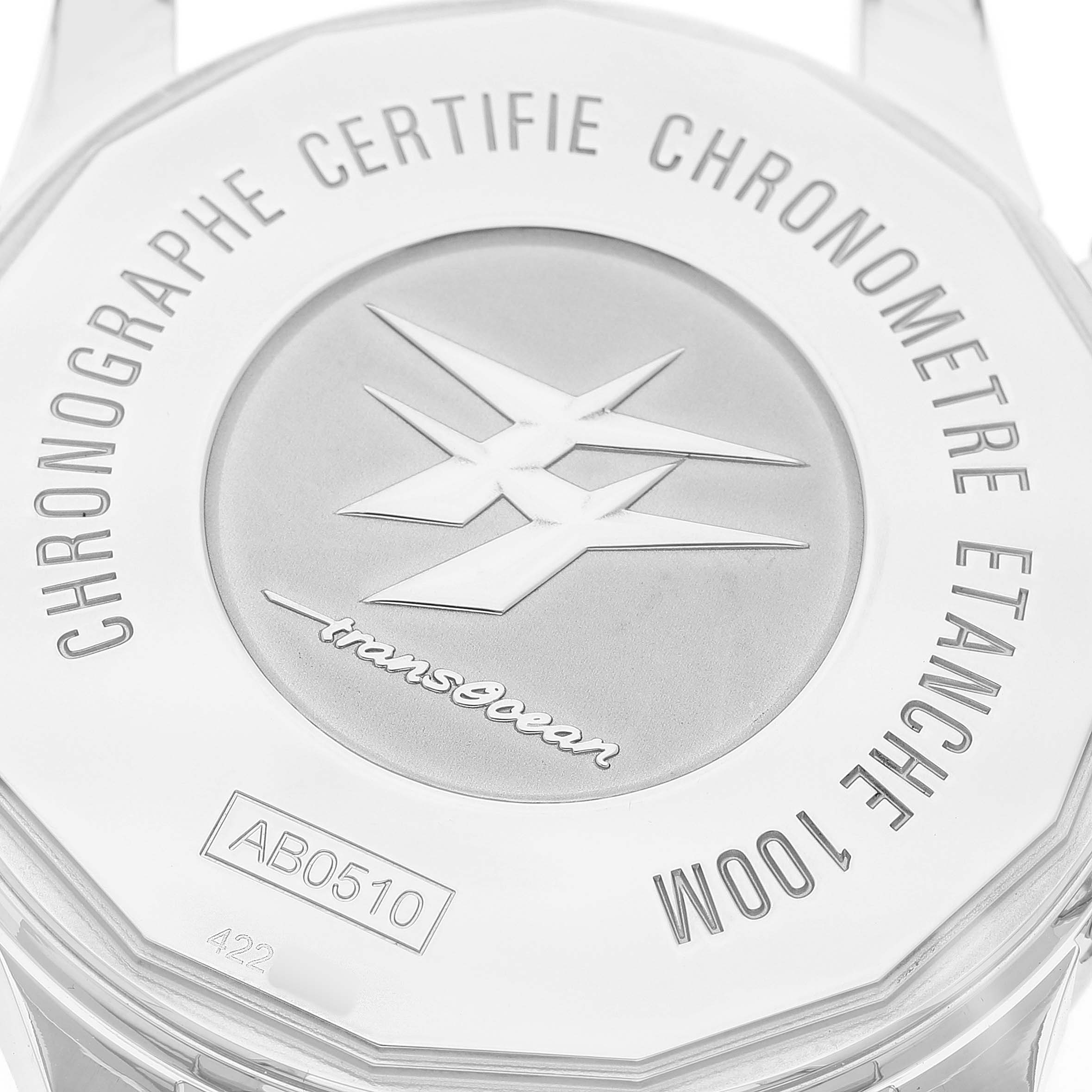 The image shows the back case of a Breitling Transocean AB0510 Men's Stainless Steel Black Dial watch, featuring engravings and branding details.