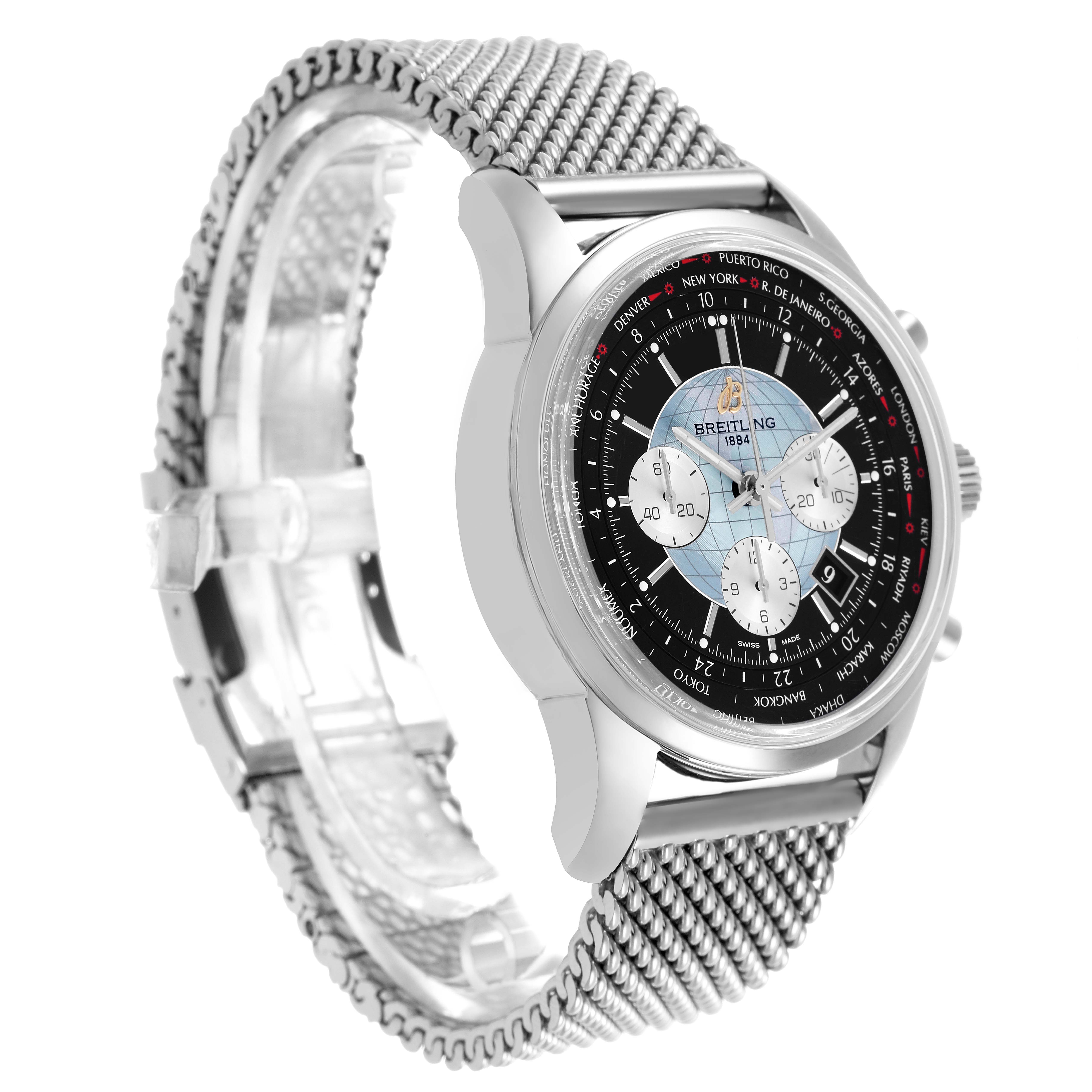 The image shows a Breitling Transocean AB0510 Men's Stainless Steel Black Dial watch at a side angle, highlighting its face, mesh bracelet, and case details.