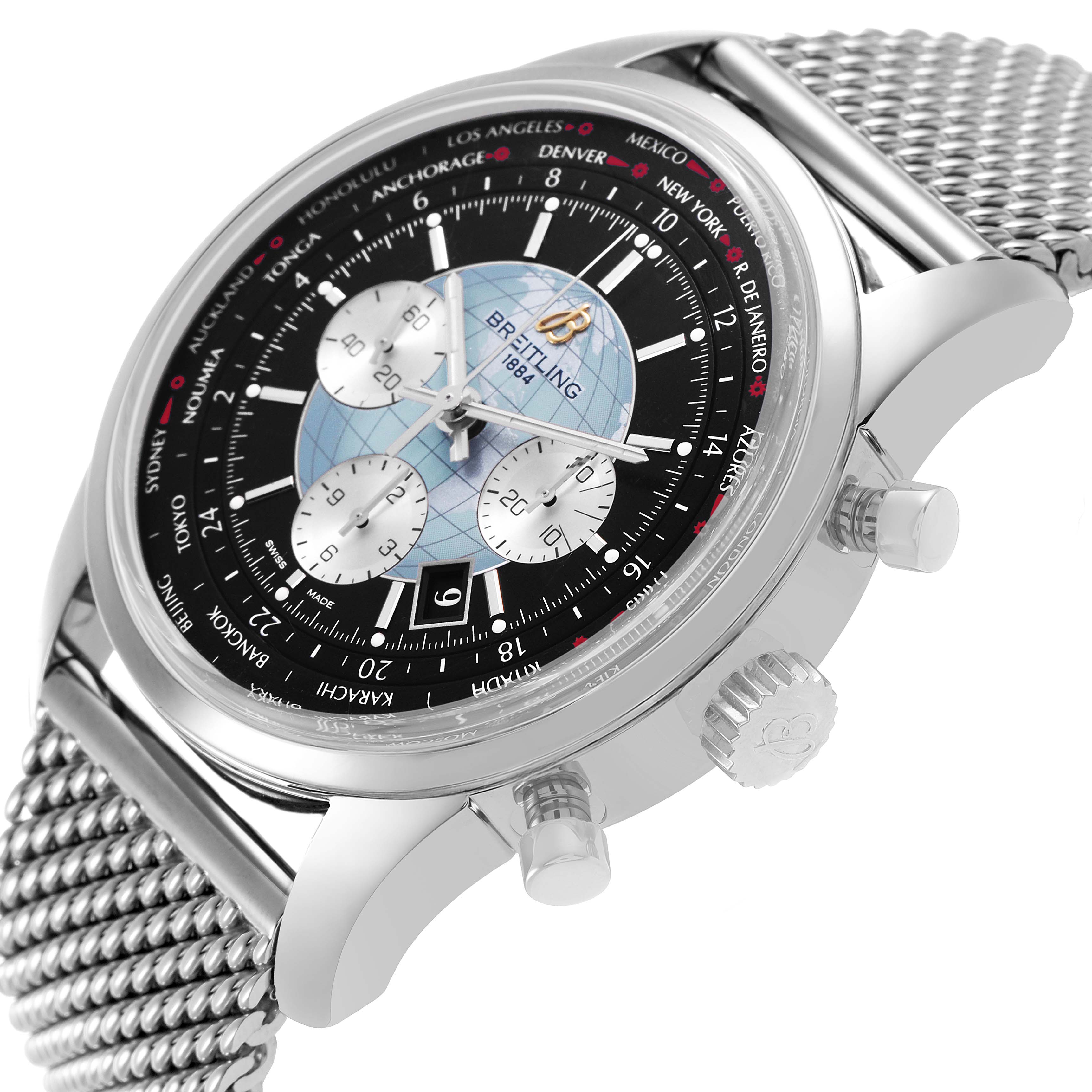 The Breitling Transocean AB0510 Men's Stainless Steel Black Dial watch is shown at an angle, highlighting the face, mesh strap, crown, and side pushers.