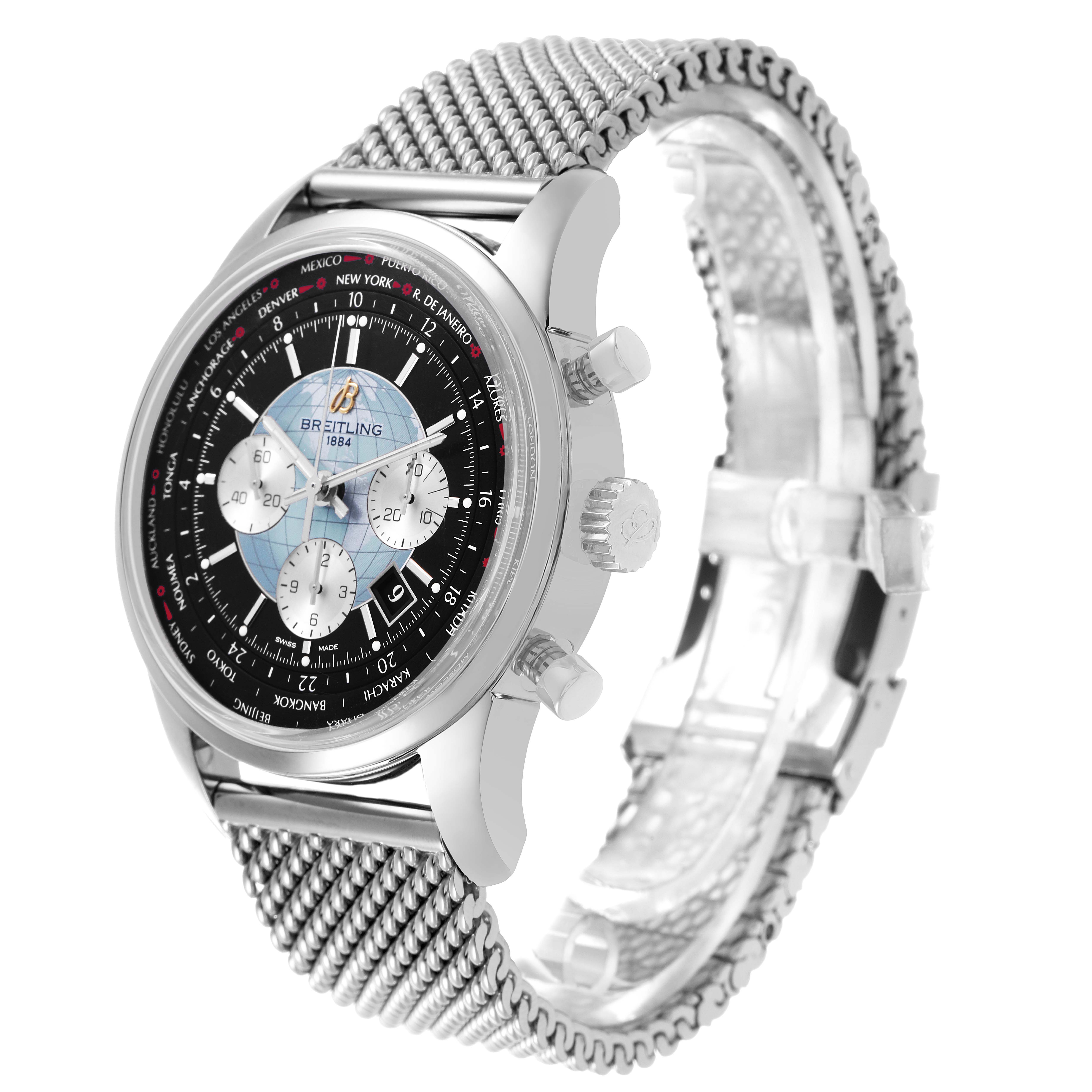 The Breitling Transocean AB0510 Men's Stainless Steel Black Dial watch is shown at a slight angle, highlighting the dial, bezel, crown, and mesh strap.
