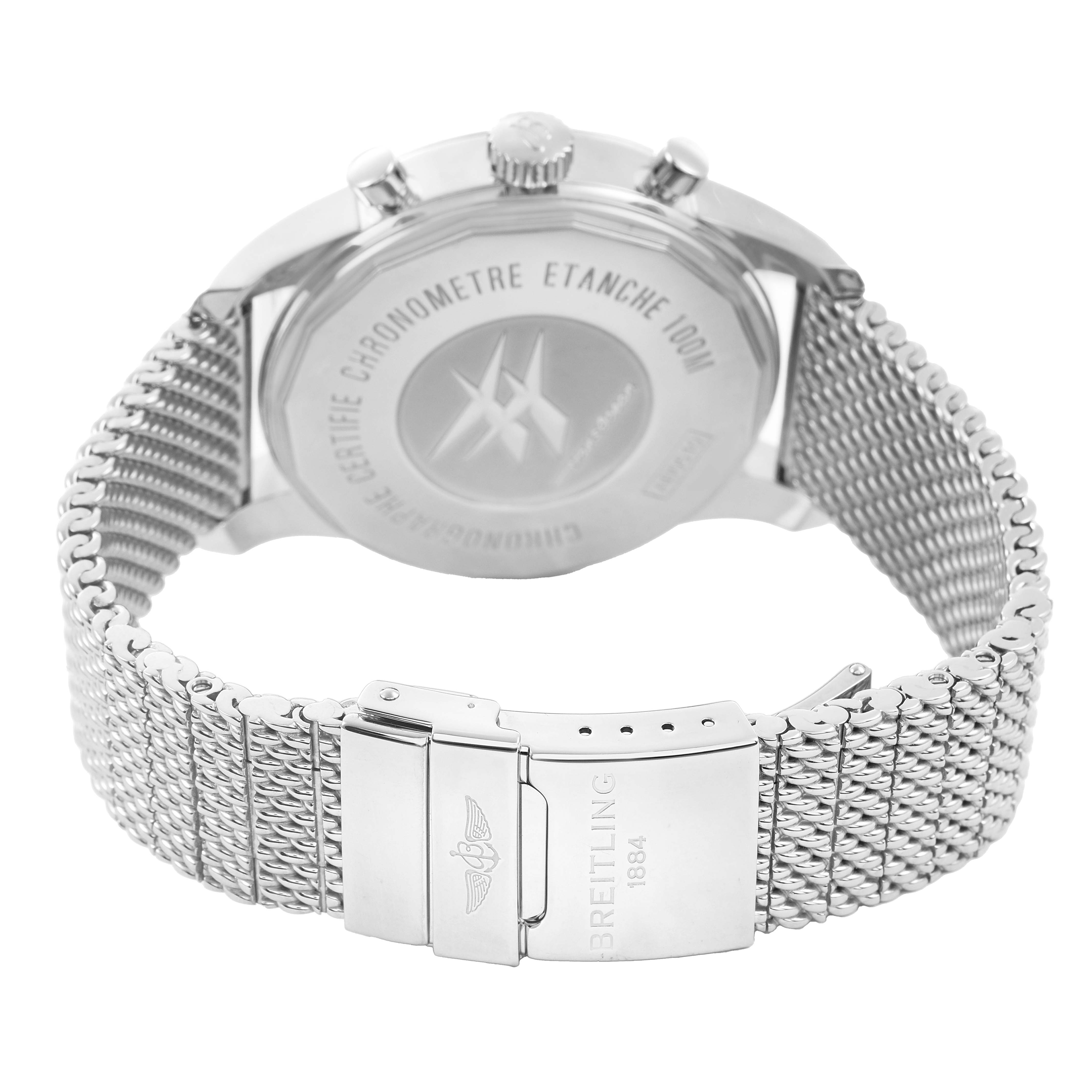 The image shows the back of a Breitling Transocean AB0510 Men's Stainless Steel Black Dial watch, highlighting the case back and mesh bracelet.