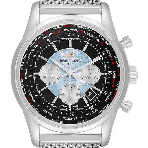 The Breitling Transocean AB0510 Men's Stainless Steel Black Dial watch is shown from the front, displaying its dial, subdials, crown, and part of the bracelet.