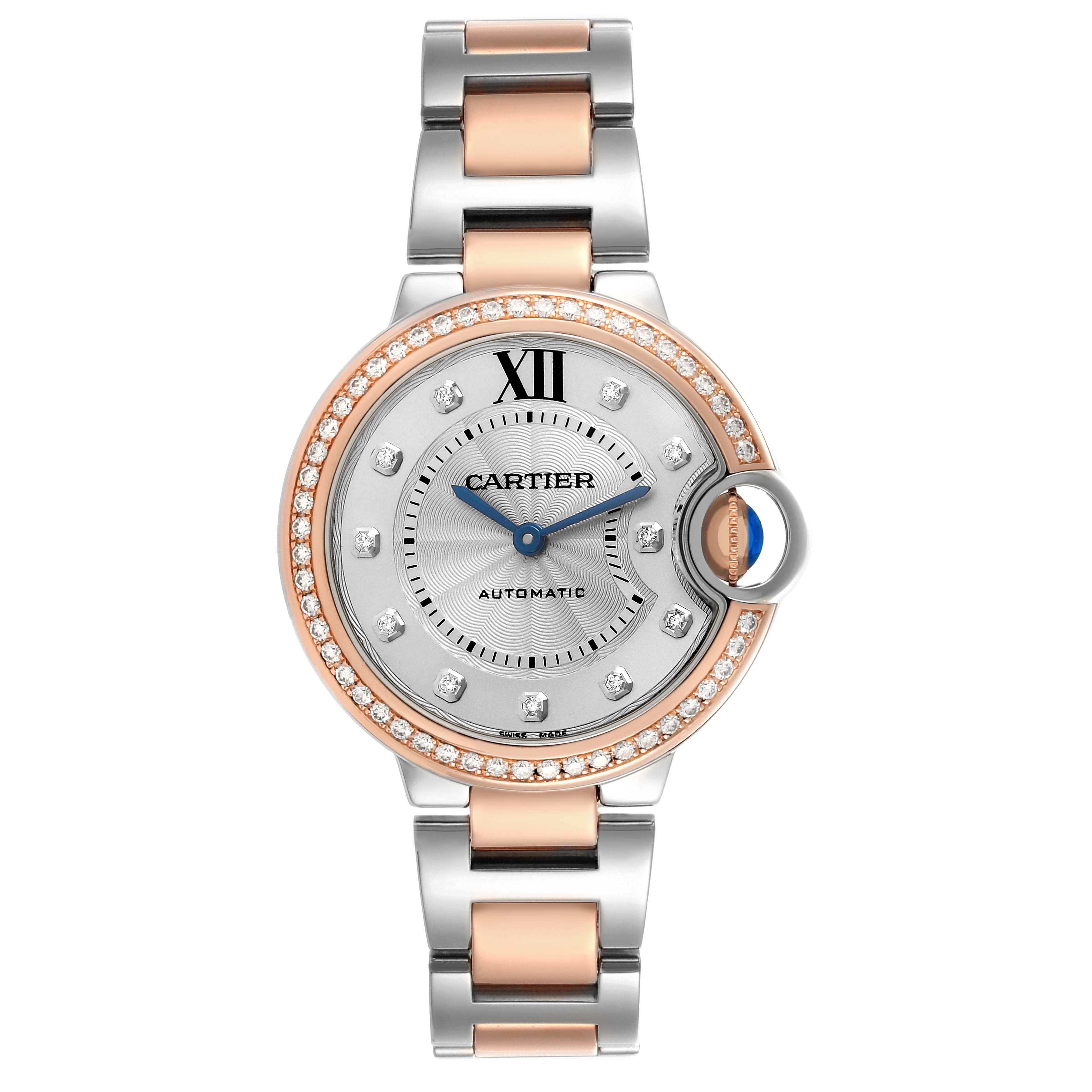 The Ballon Bleu de Cartier watch is shown from a top-down angle, displaying its face, bezel, and bracelet.