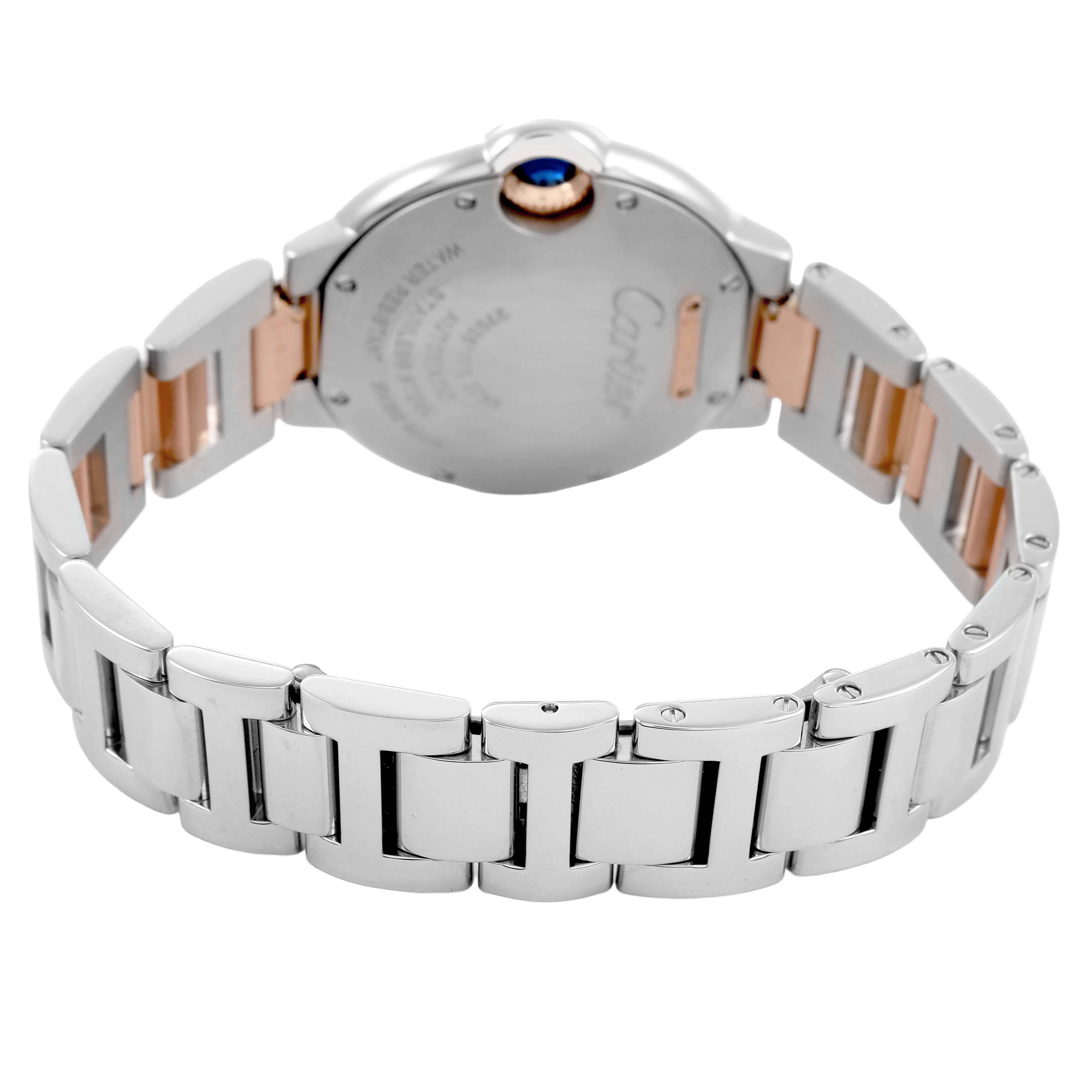 The image shows the back view of a Cartier Ballon Bleu WE902077 Women's Steel and Gold (two tone) Silver Dial watch, highlighting its bracelet and case back.