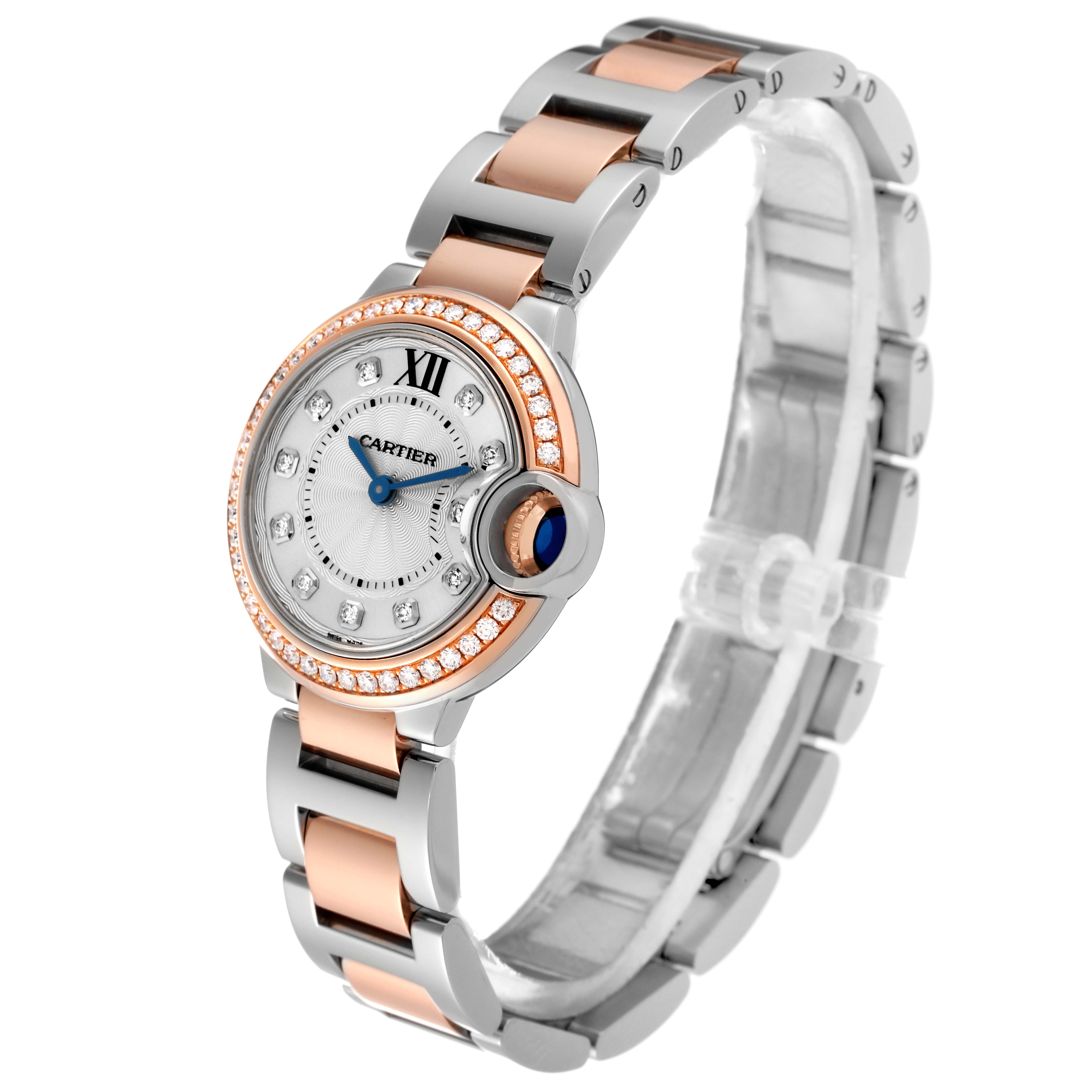 This Cartier Ballon Bleu WE902076 Women's Steel and Gold (two tone) Silver Dial WE902076 Women's Steel and Gold (two tone) Silver Dial model watch is shown at a three-quarter angle, displaying the face, bezel, and two-tone bracelet.