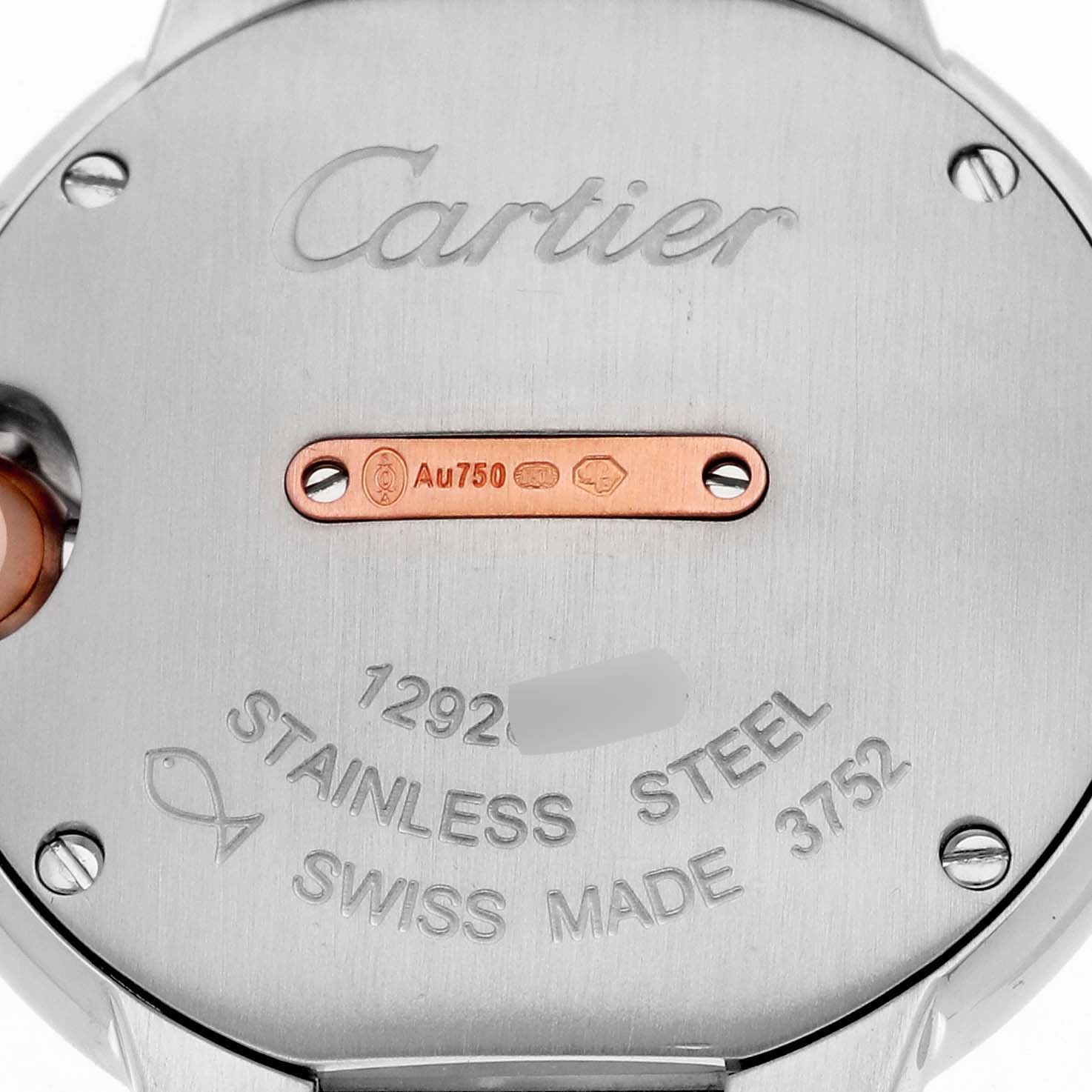 The image shows the back case of a Cartier Ballon Bleu WE902076 Women's Steel and Gold (two tone) Silver Dial WE902076 Women's Steel and Gold (two tone) Silver Dial watch, highlighting its stainless steel material and Swiss-made mark.
