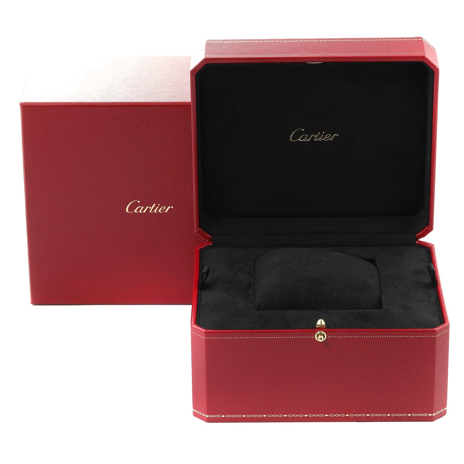 The image shows an open red Cartier watch box and its packaging for the Ballon Bleu model.