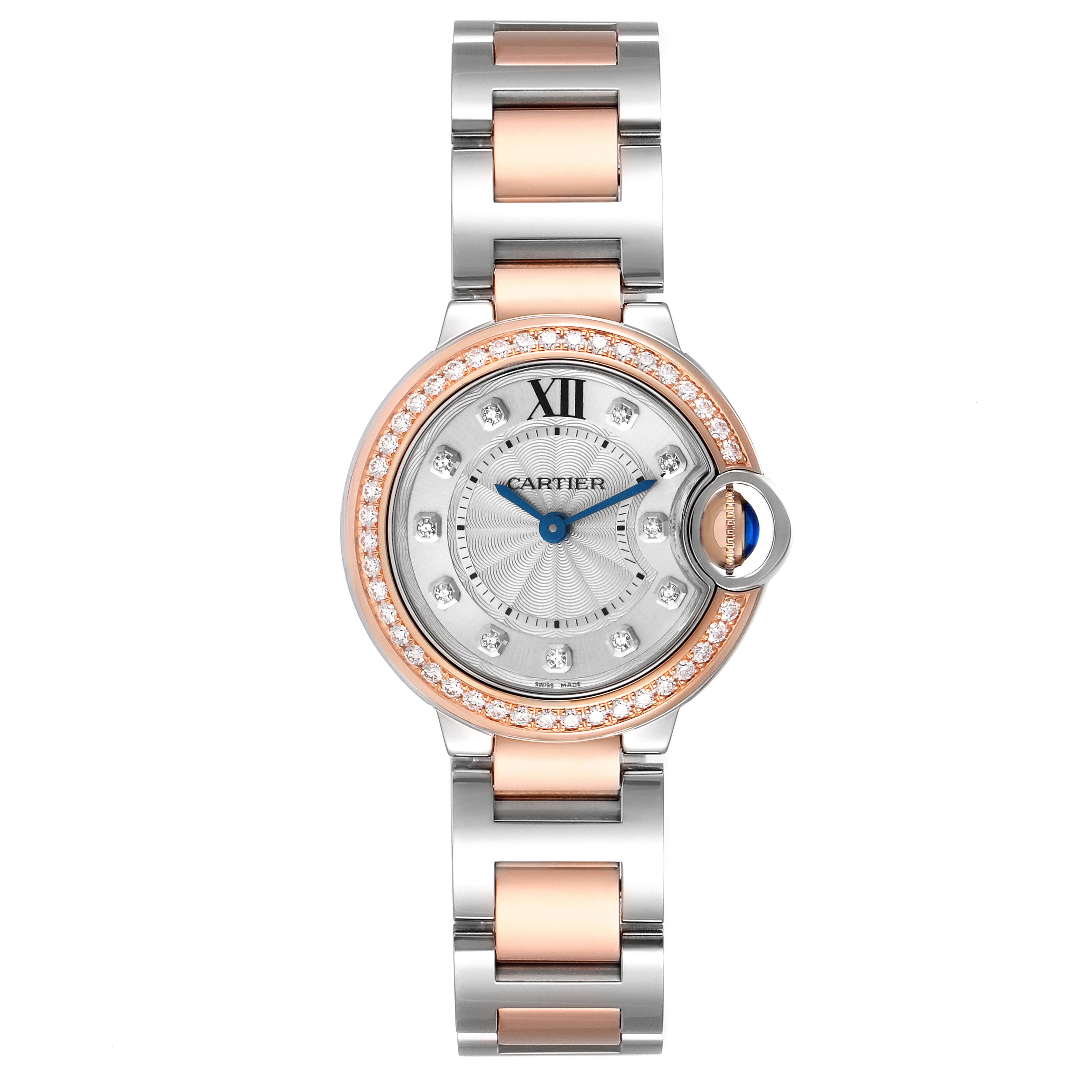 The image shows a front view of the Ballon Bleu model by Cartier, highlighting the face, bezel with diamonds, and bracelet.