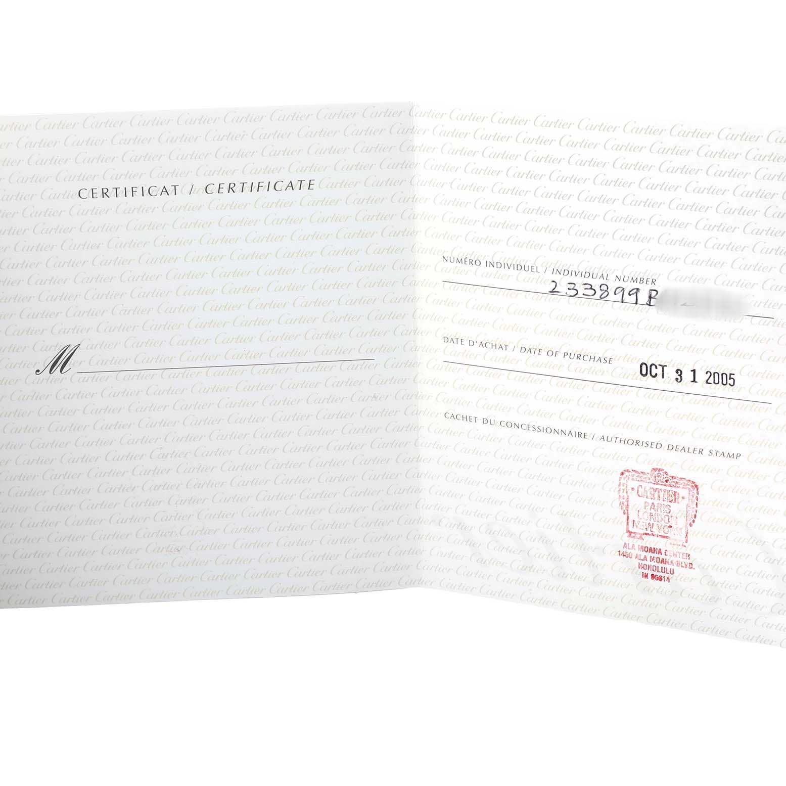 This image shows the certificate for a Cartier Roadster W62016V3 Women's Stainless Steel Silver Dial watch, including purchase details and a dealer stamp.