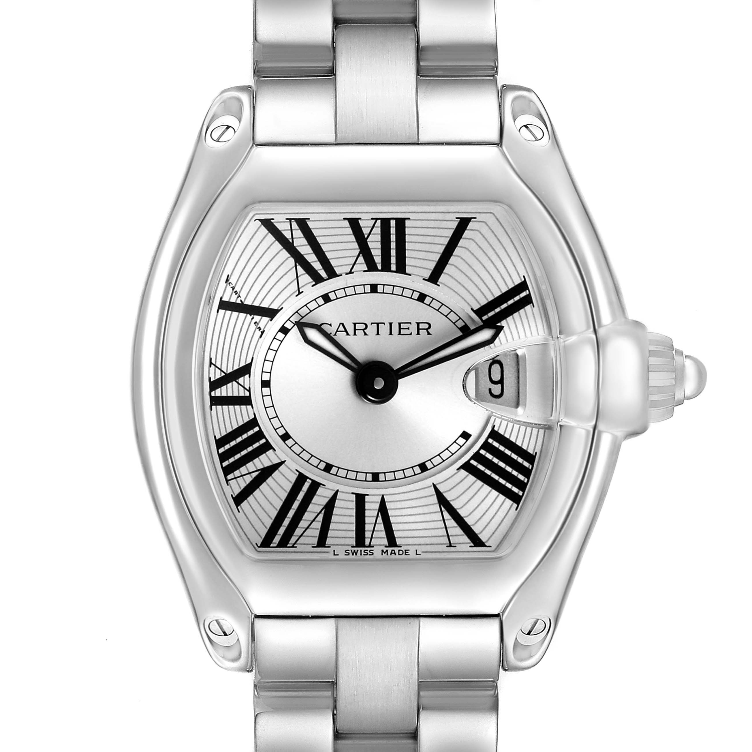 The Cartier Roadster W62016V3 Women's Stainless Steel Silver Dial watch is shown from the front, highlighting its dial, Roman numerals, and date window.