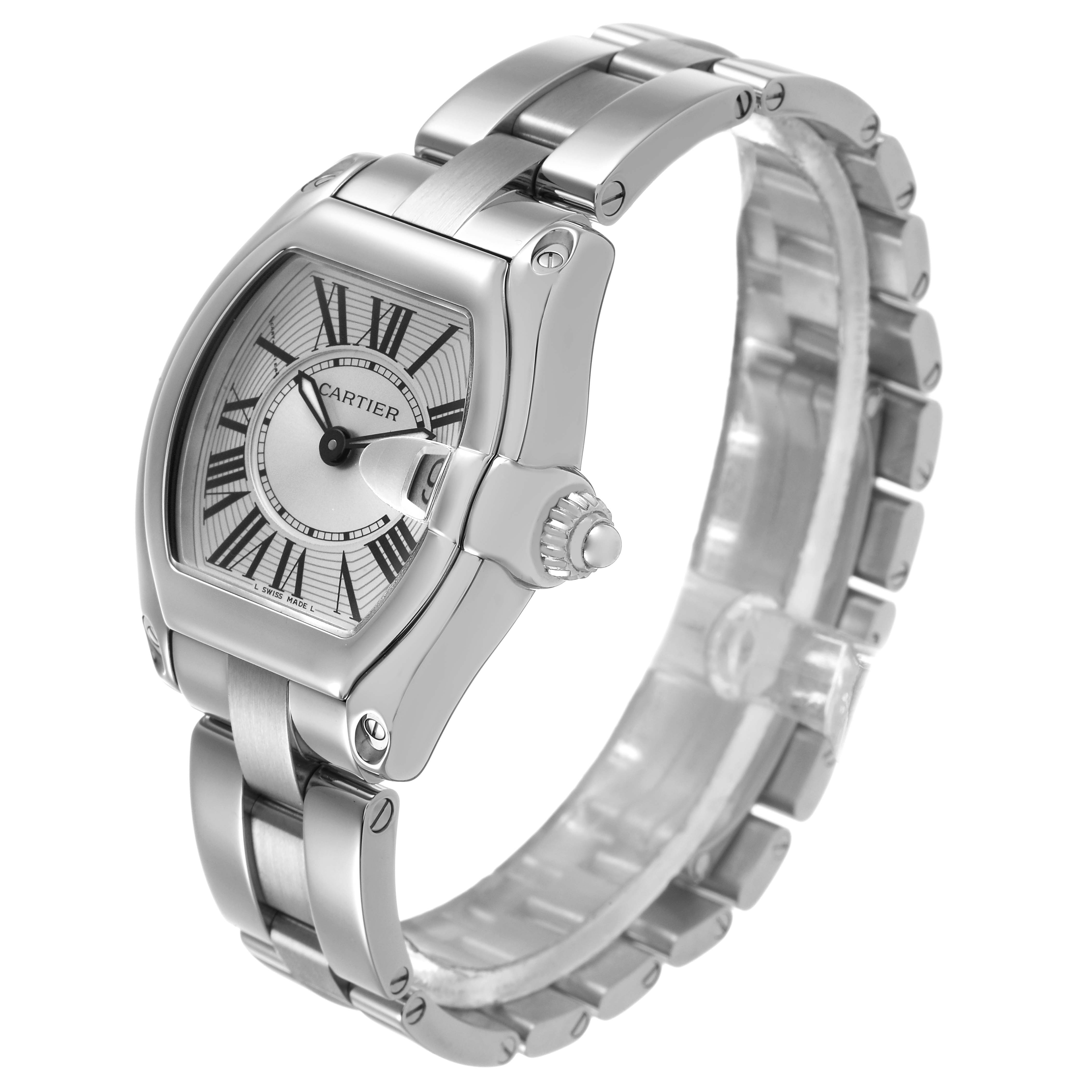The Cartier Roadster W62016V3 Women's Stainless Steel Silver Dial watch is shown at an angle highlighting the face, crown, and bracelet.