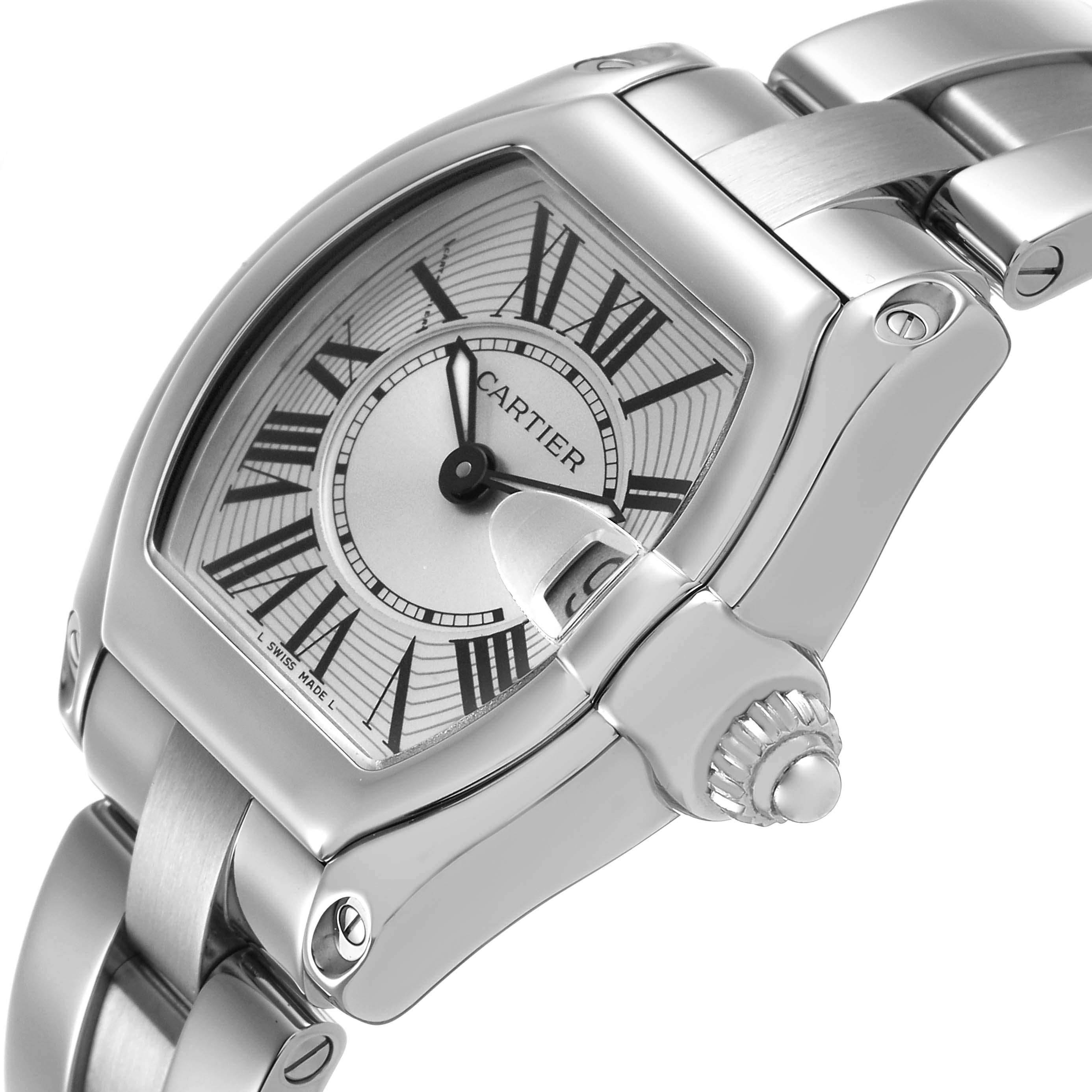 The Cartier Roadster W62016V3 Women's Stainless Steel Silver Dial watch is shown from an angled view highlighting its dial, case, and bracelet.
