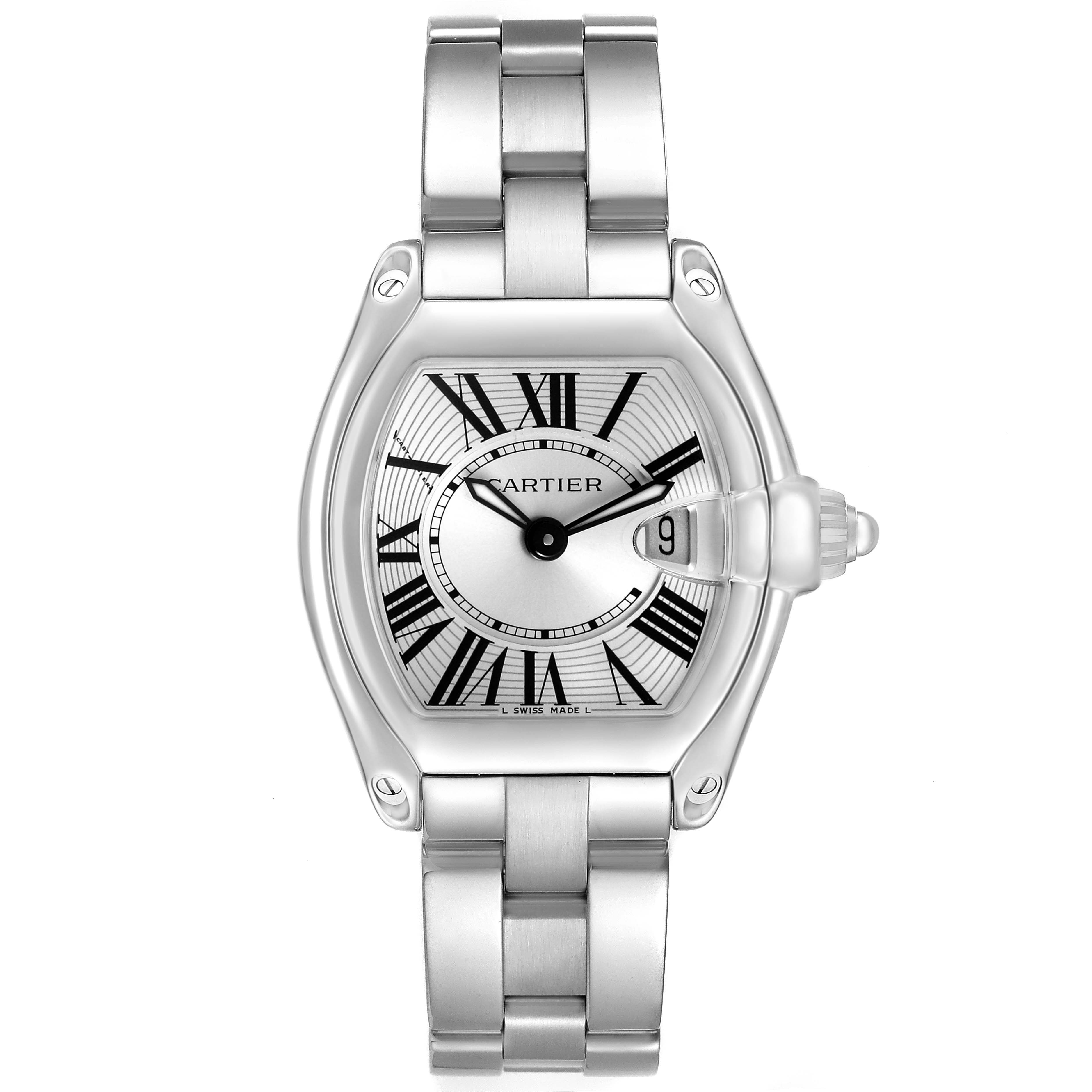 The Cartier Roadster W62016V3 Women's Stainless Steel Silver Dial watch is shown from a top view, displaying its face, bracelet, and crown.