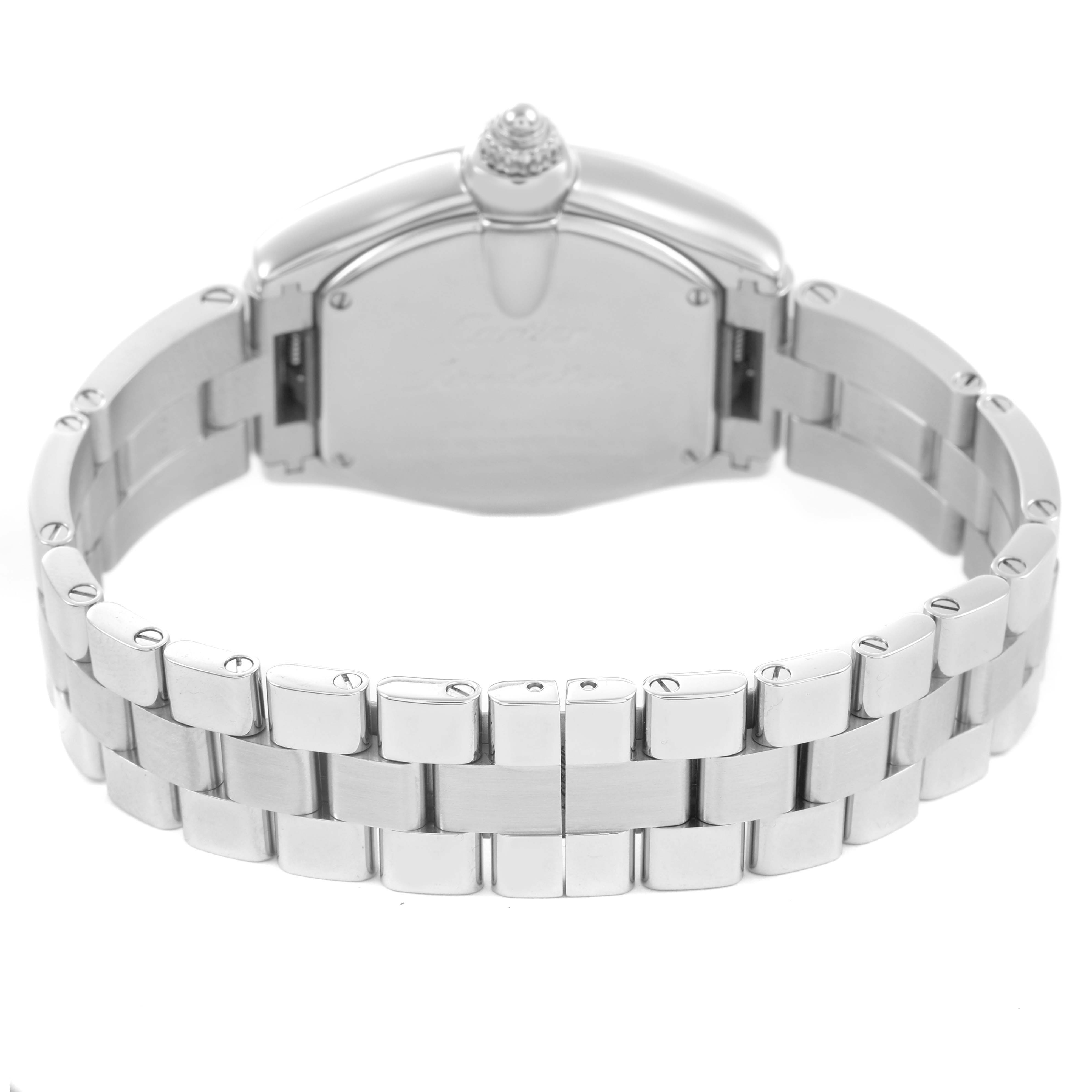 The image shows the back view of a Cartier Roadster W62016V3 Women's Stainless Steel Silver Dial watch, highlighting the clasp and metal bracelet.
