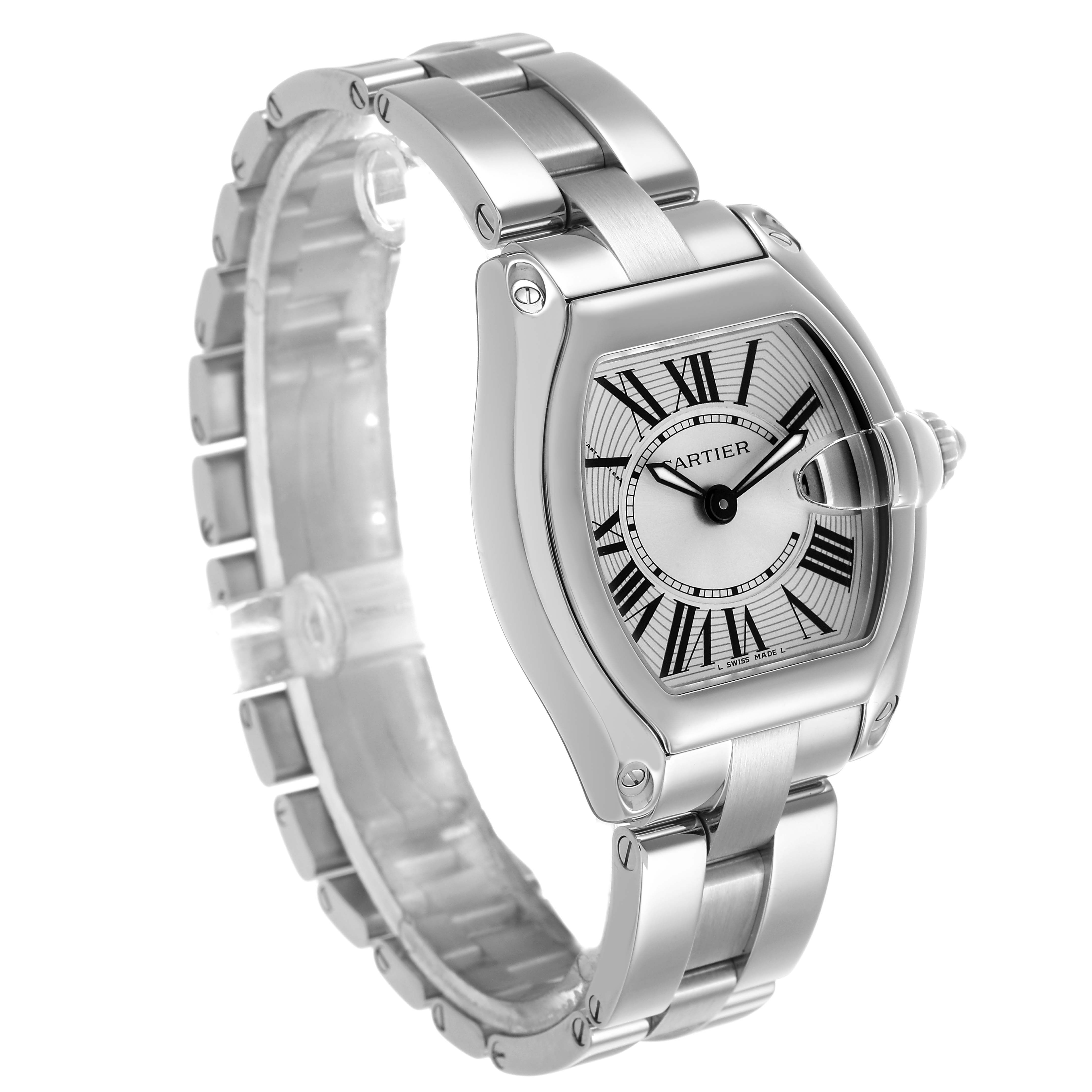 The Cartier Roadster W62016V3 Women's Stainless Steel Silver Dial watch is shown at a three-quarter angle, highlighting the face, bracelet, and crown detail.