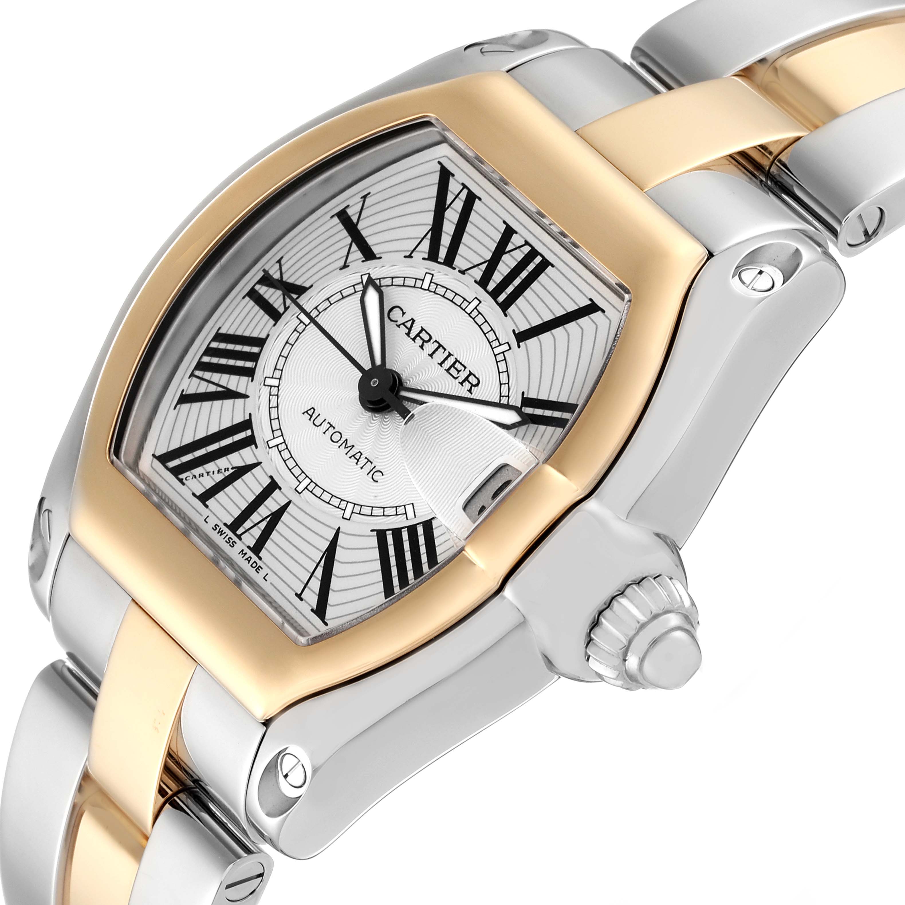 This image shows a close-up angle of the Cartier Roadster W62031Y4 Men
s Steel and Gold (two tone) Silver Dial W62031Y4 Men
s Steel and Gold (two tone) Silver Dial watch, highlighting the dial, case, crown, and part of the bracelet.