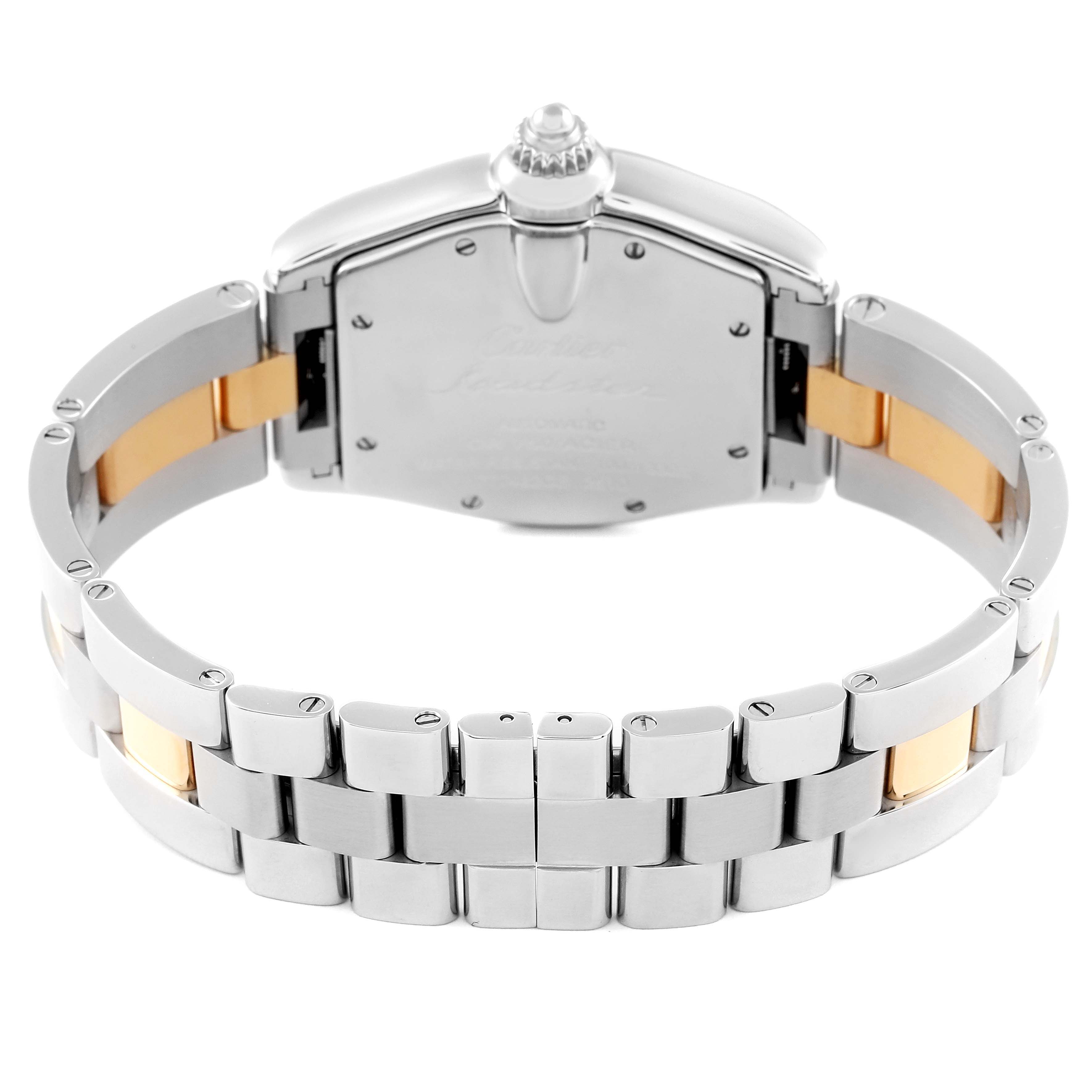 This image shows the back and bracelet of a Cartier Roadster W62031Y4 Men
s Steel and Gold (two tone) Silver Dial W62031Y4 Men
s Steel and Gold (two tone) Silver Dial watch from a rear angle.