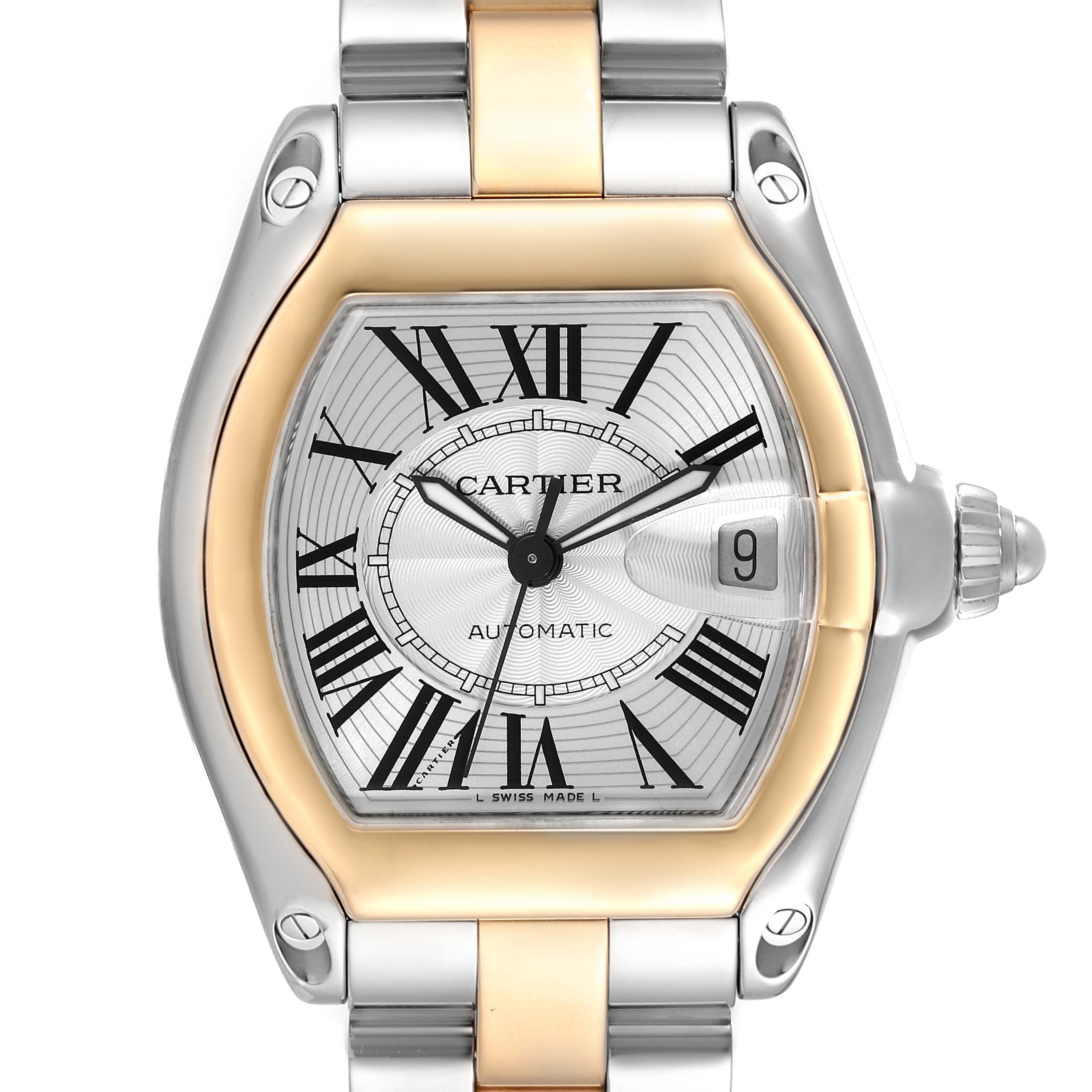 This image shows a front view of the Cartier Roadster W62031Y4 Men
s Steel and Gold (two tone) Silver Dial W62031Y4 Men
s Steel and Gold (two tone) Silver Dial watch, highlighting its dial, bezel, crown, and part of the bracelet.