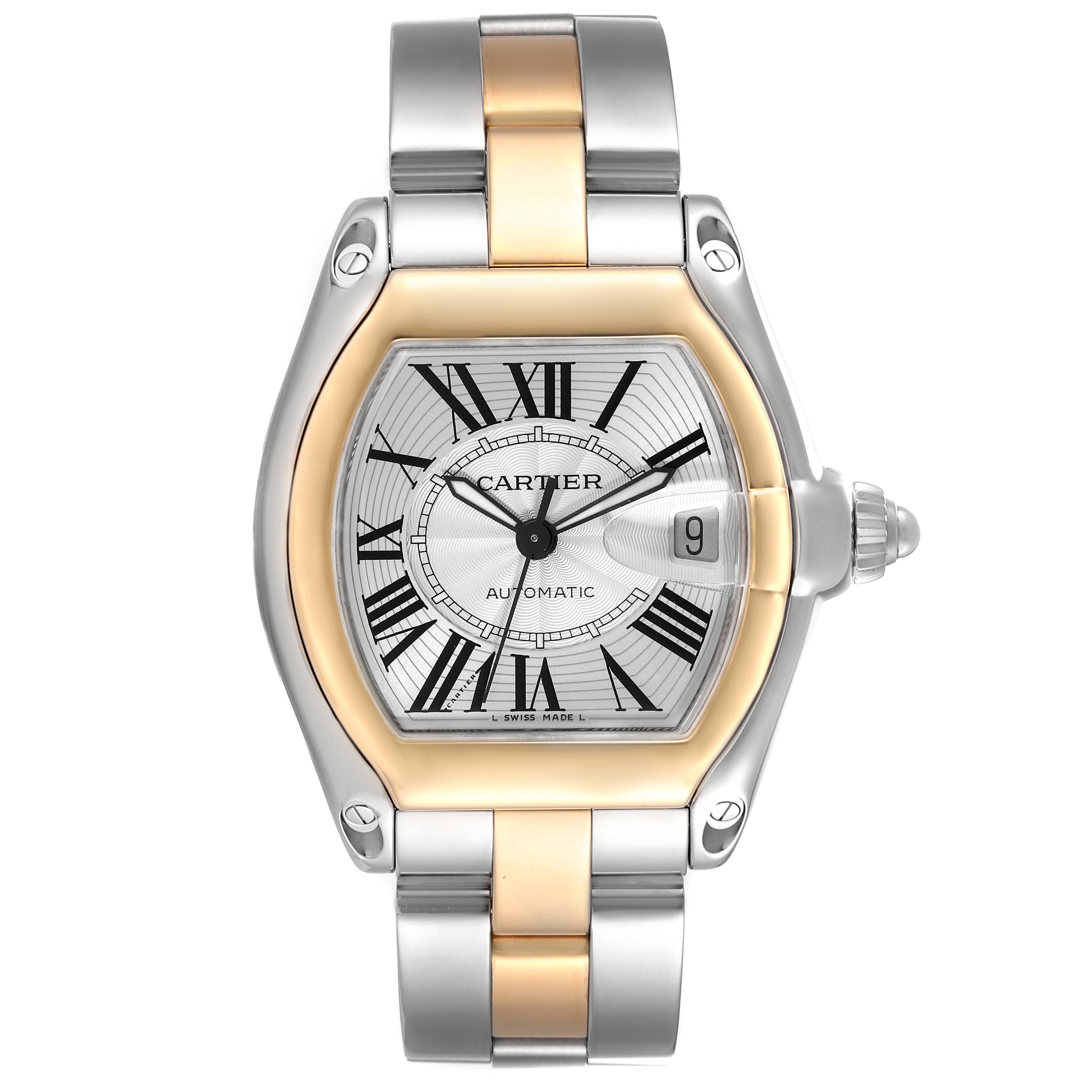 This Cartier Roadster W62031Y4 Men
s Steel and Gold (two tone) Silver Dial W62031Y4 Men
s Steel and Gold (two tone) Silver Dial watch shows a front view, including the dial, case, crown, and bracelet.