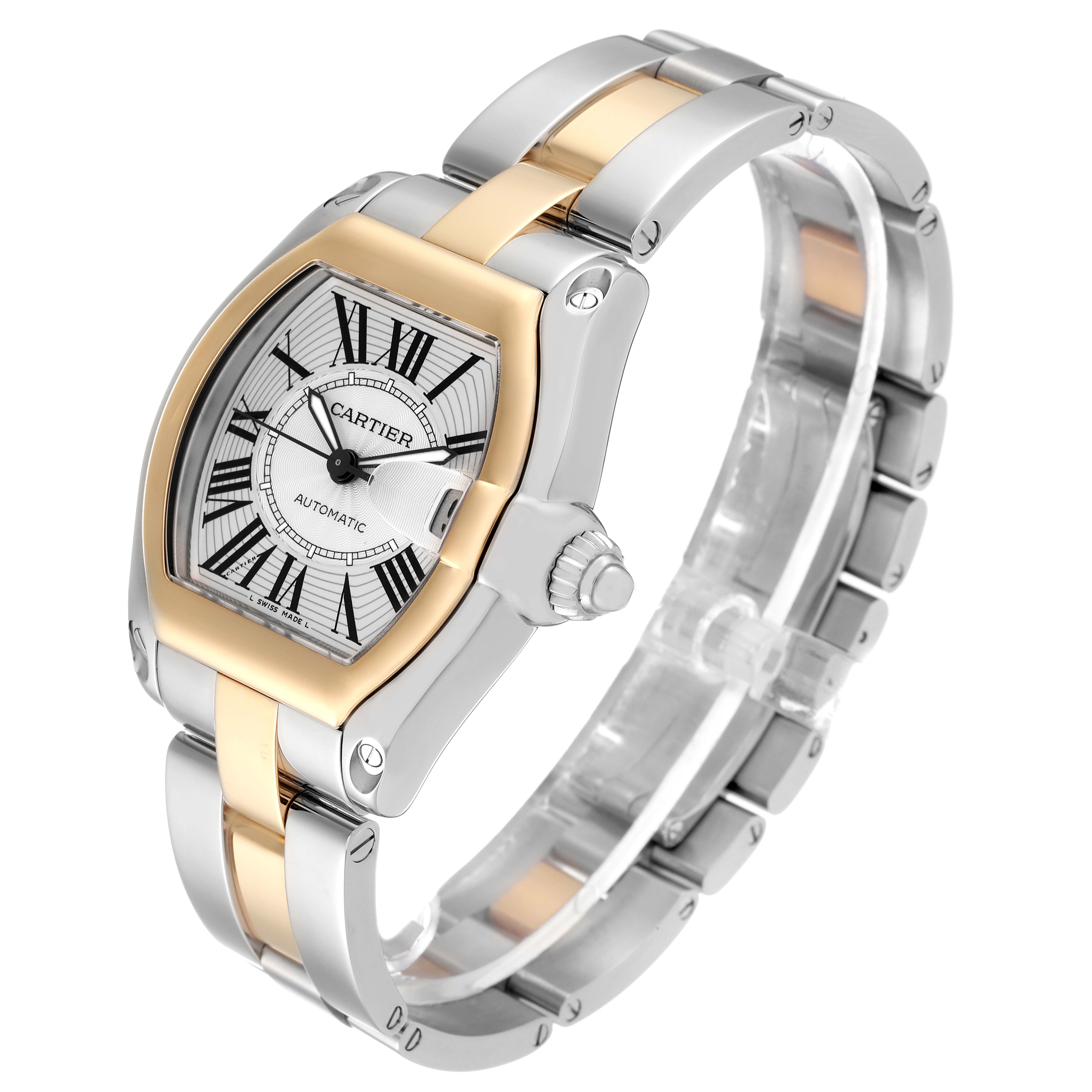 The Cartier Roadster W62031Y4 Men
s Steel and Gold (two tone) Silver Dial W62031Y4 Men
s Steel and Gold (two tone) Silver Dial watch is shown at a three-quarter angle, displaying its face, bezel, crown, and bracelet.