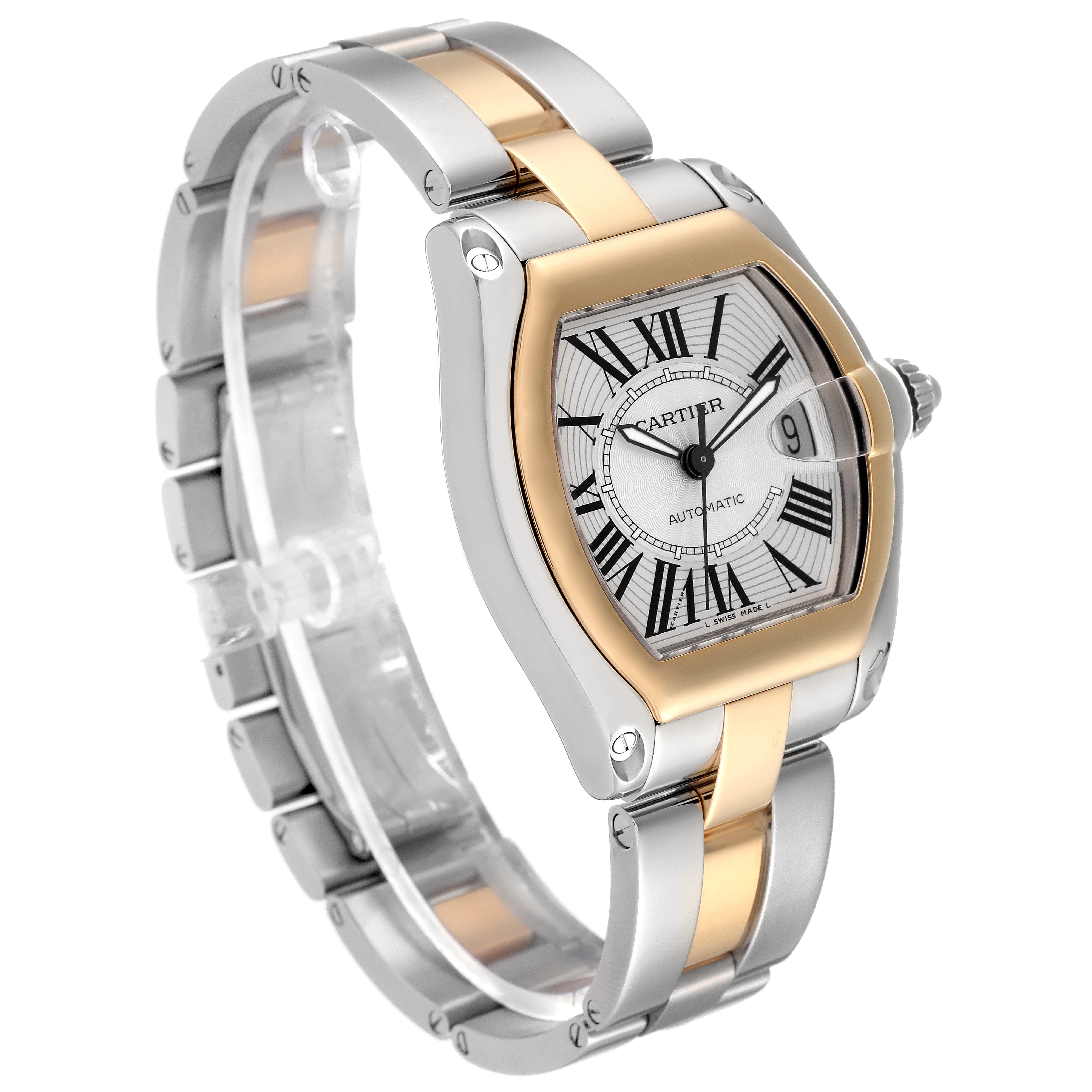 The image shows a side-angle view of a Cartier Roadster W62031Y4 Men
s Steel and Gold (two tone) Silver Dial W62031Y4 Men
s Steel and Gold (two tone) Silver Dial watch, highlighting its two-tone metal bracelet and square dial.