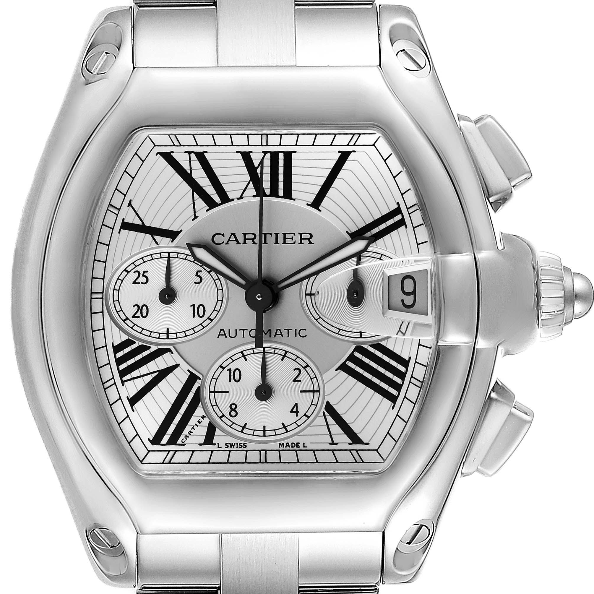 The image shows a frontal view of the Cartier Roadster W62019X6 Men's Stainless Steel Silver Dial W62019X6 Men's Stainless Steel Silver Dial watch, displaying the face, dials, crown, and part of the bracelet.