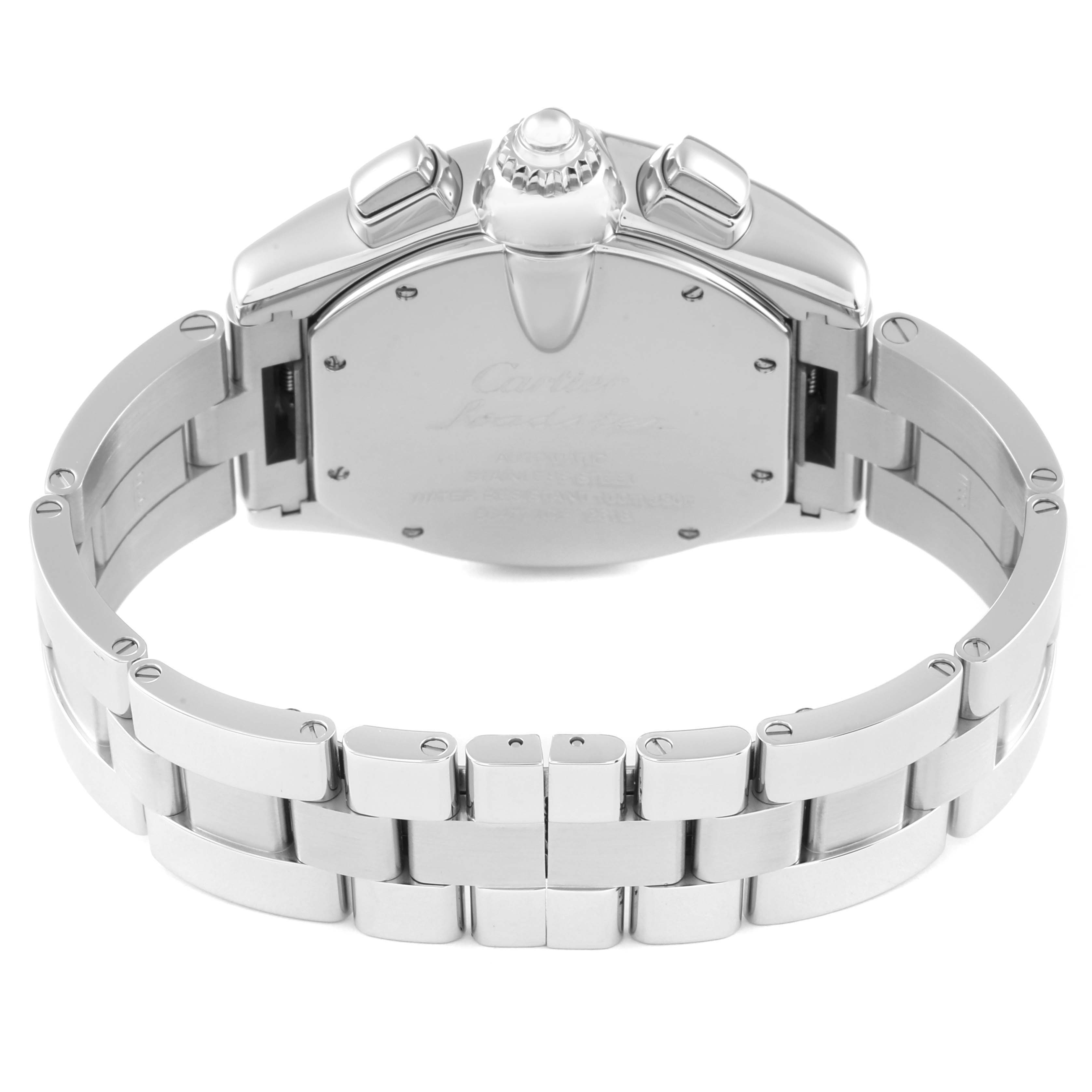 This image shows the back view and bracelet of a Cartier Roadster W62019X6 Men's Stainless Steel Silver Dial W62019X6 Men's Stainless Steel Silver Dial watch, highlighting the case back, crown, and pushers.