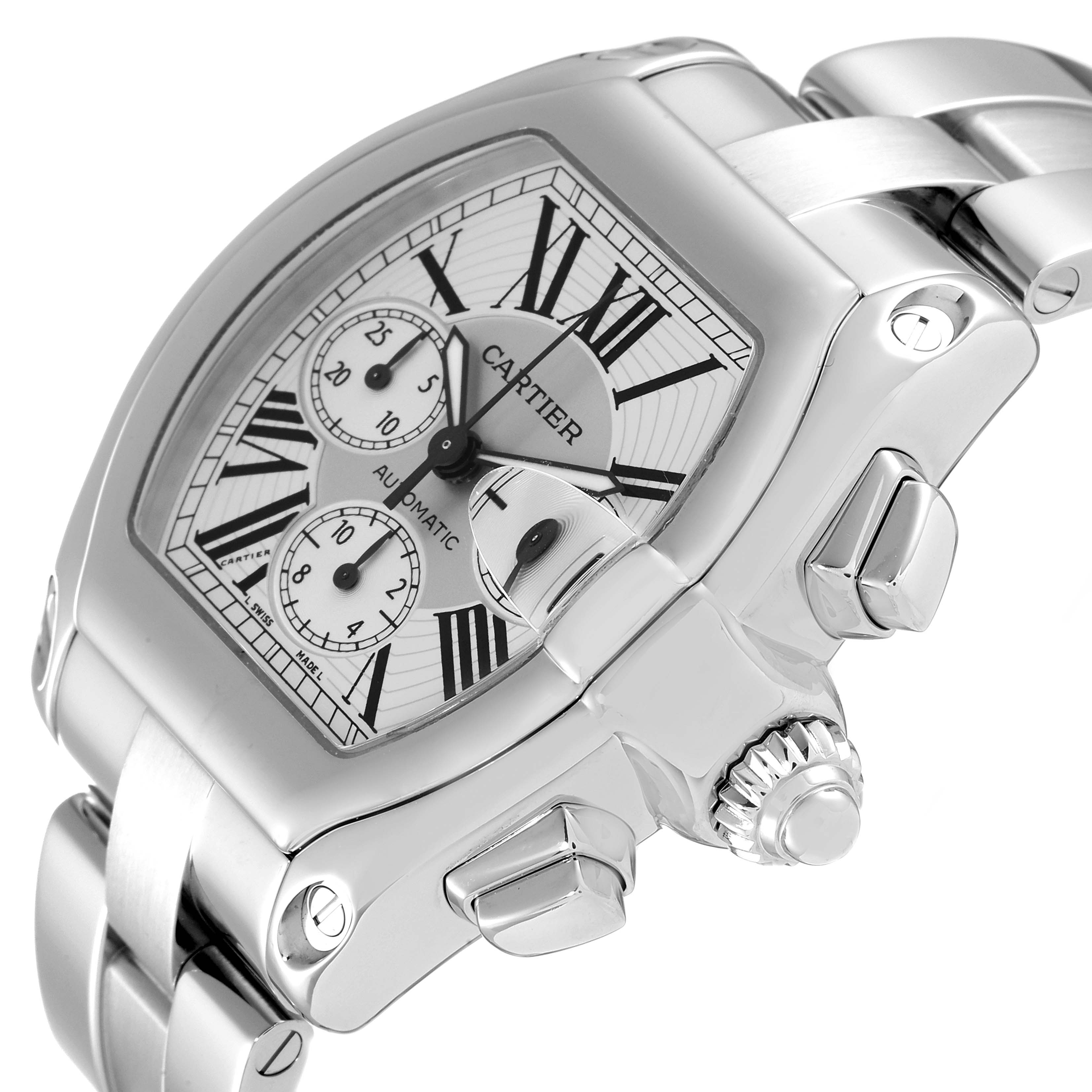 The image shows a close-up, angled view of the Cartier Roadster W62019X6 Men's Stainless Steel Silver Dial W62019X6 Men's Stainless Steel Silver Dial watch, highlighting the dial, crown, and part of the bracelet.