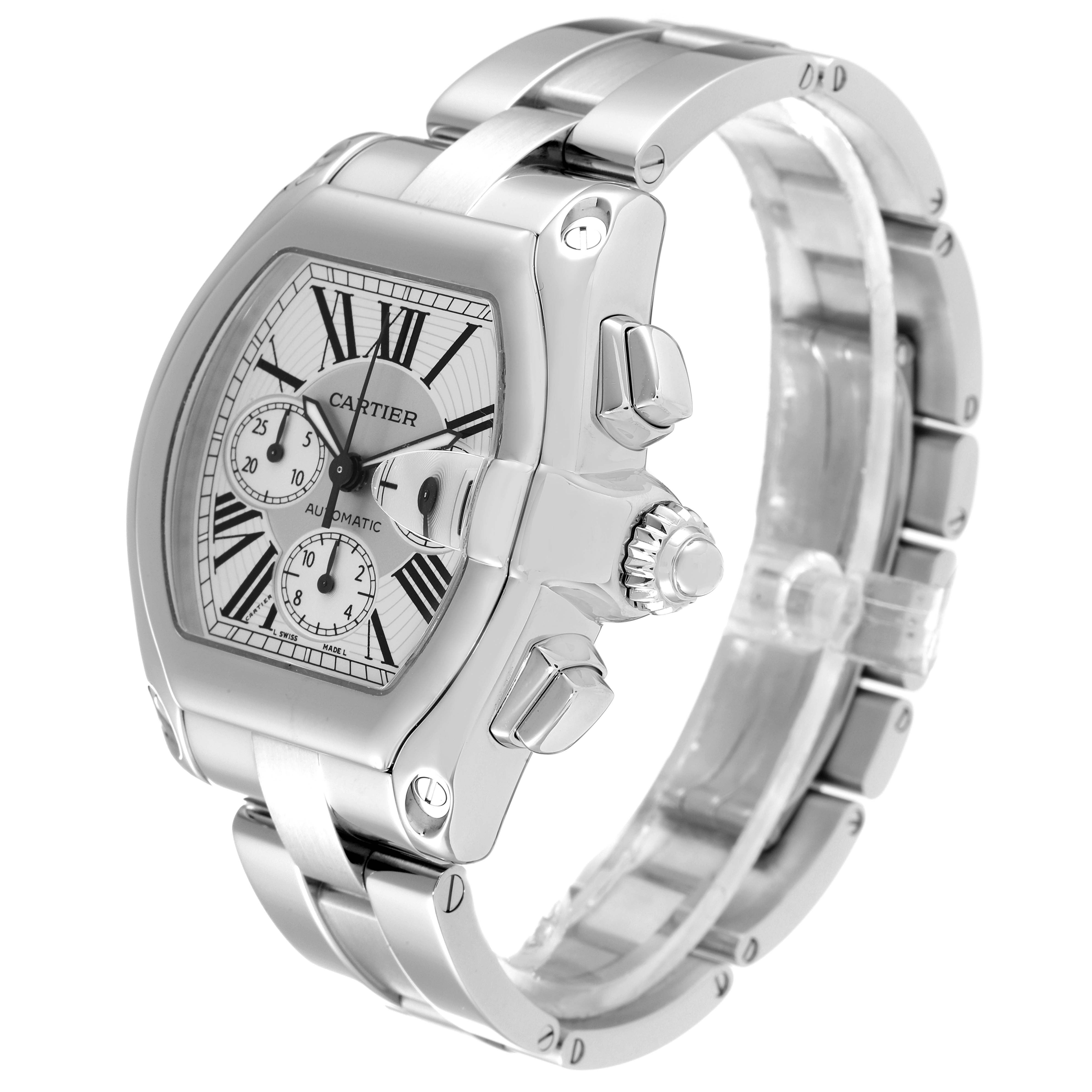 This image shows a Cartier Roadster W62019X6 Men's Stainless Steel Silver Dial W62019X6 Men's Stainless Steel Silver Dial watch at an angled side view, displaying the dial, crown, and part of the bracelet.