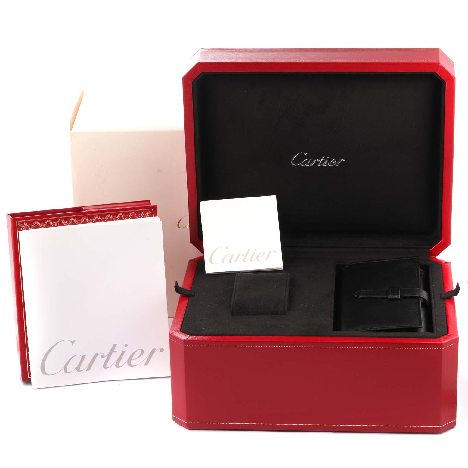 The image shows the packaging and accessories for a Cartier Roadster W62019X6 Men's Stainless Steel Silver Dial W62019X6 Men's Stainless Steel Silver Dial watch, including a red box, manuals, and a black pouch.